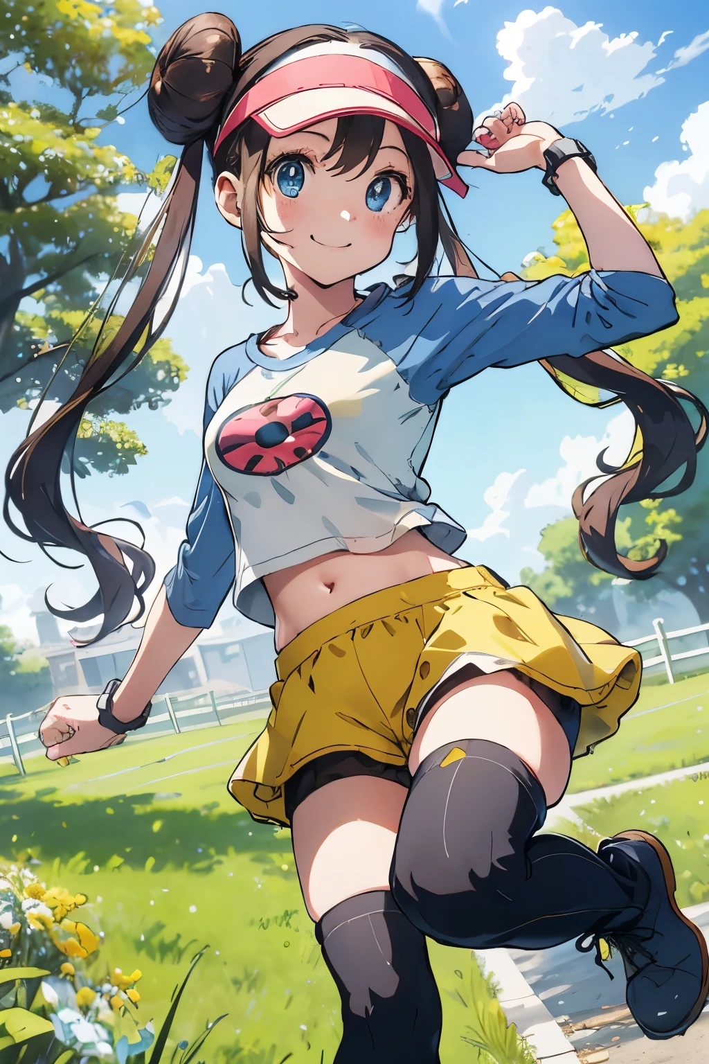 table top、highest quality、High resolution、1 girl、solo、short height、thin legs、belly button、shy smile、tits、dark brown hair、bun hair、blue eyes、long twin tails、visor cap、((black knee socks、boots))、raglan sleeves、white panties、((short yellow shorts))、shirt、pink ribbon、clock、plateau、Overgrown with grass、A photo of the subject taken from below、(Are standing)、sexual pose、Are standing