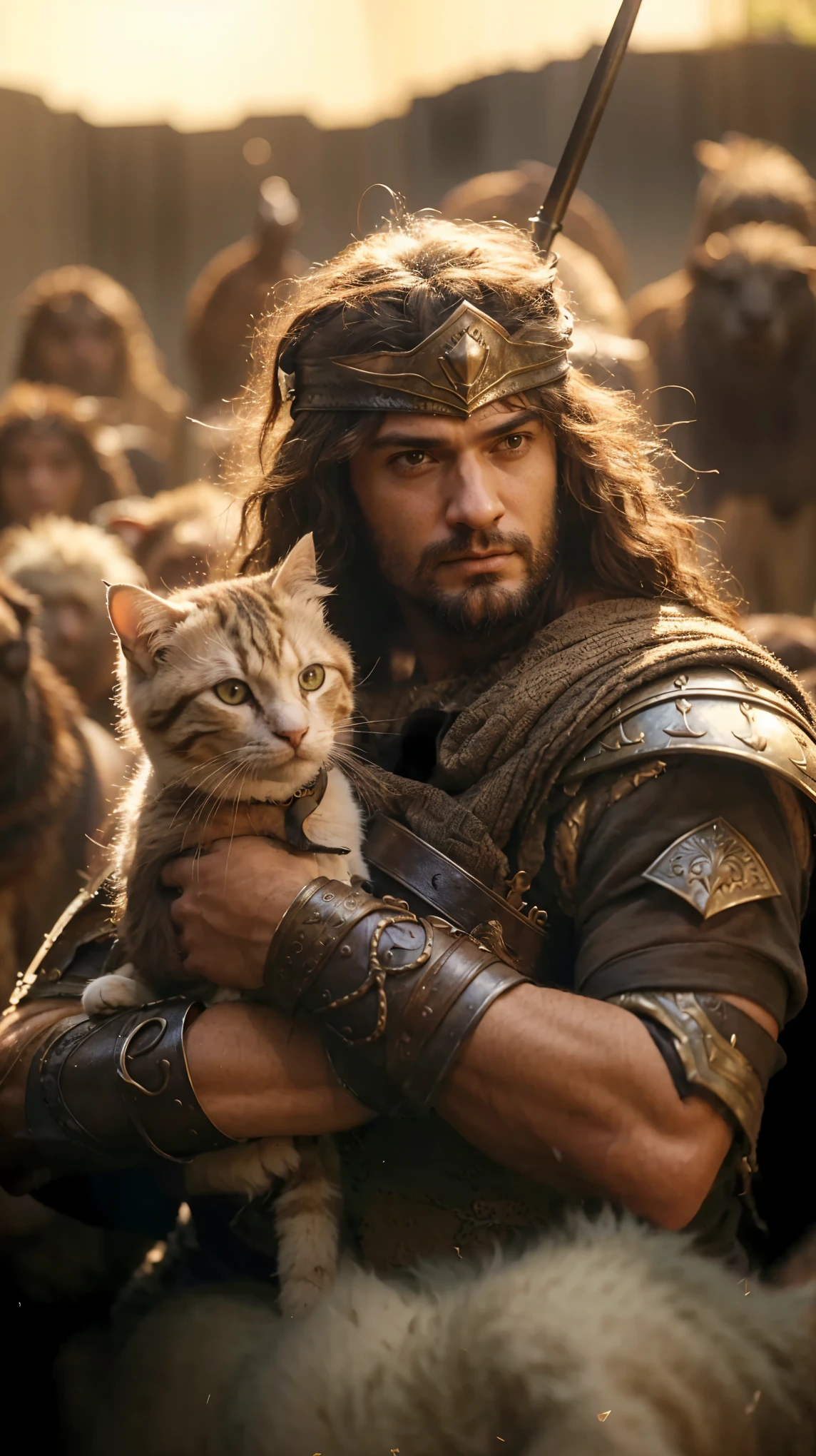 arafed man with a cat in his arms surrounded by sheep, as assyrian, karl urban as a dragonslayer, as conan, magali villeneuve', by Magali Villeneuve, graphic artist magali villeneuve, henry cavill as a warrior, still from a fantasy movie, kerem beyit, jesus holding a cute cat
