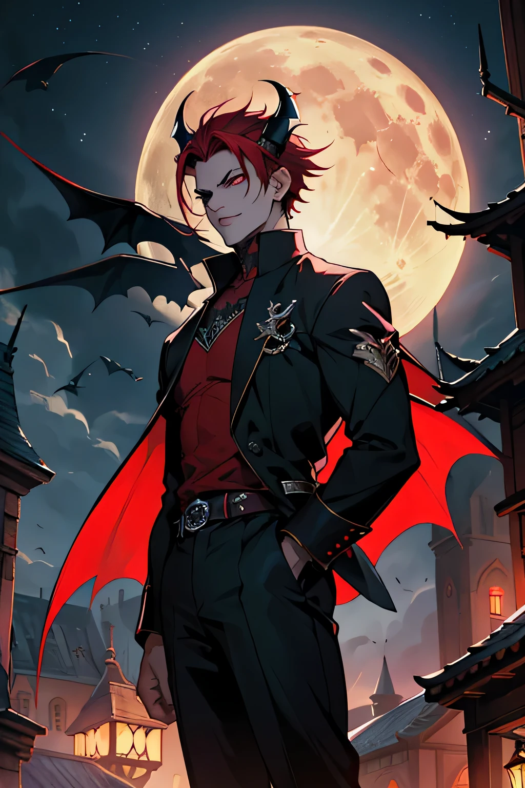 vampiro, estilo anime, cabelo vermelho, cabelo curto, blusa preta, homem, chifres vermelhos, olhos vermelhos, castle background at night with moon in the sky