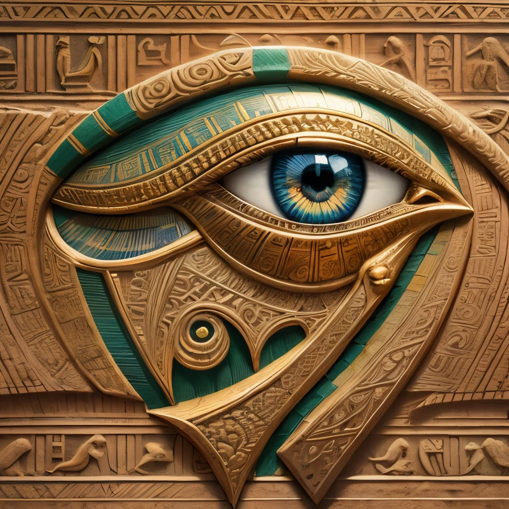 Ancient egypt, [[eye of horus]], an eye carved, intricated details, very detailed, olho no centro da imagem, 