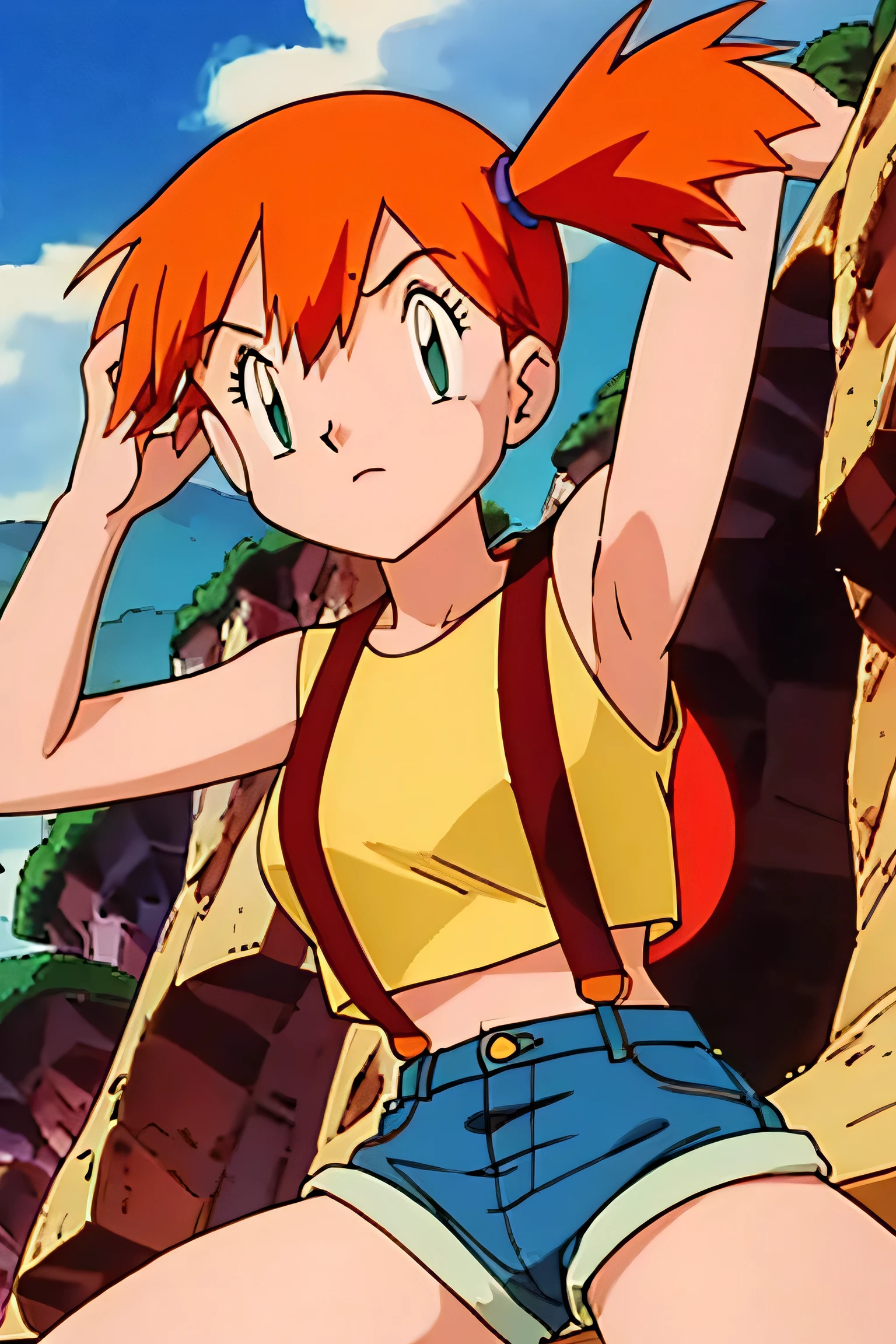 misty (pokemon), yellow shirt, sleeveless shirt, suspenders, denim shorts, sneakers, armpits, showing armpits, arms behind head, solo, masterpiece, 1girl