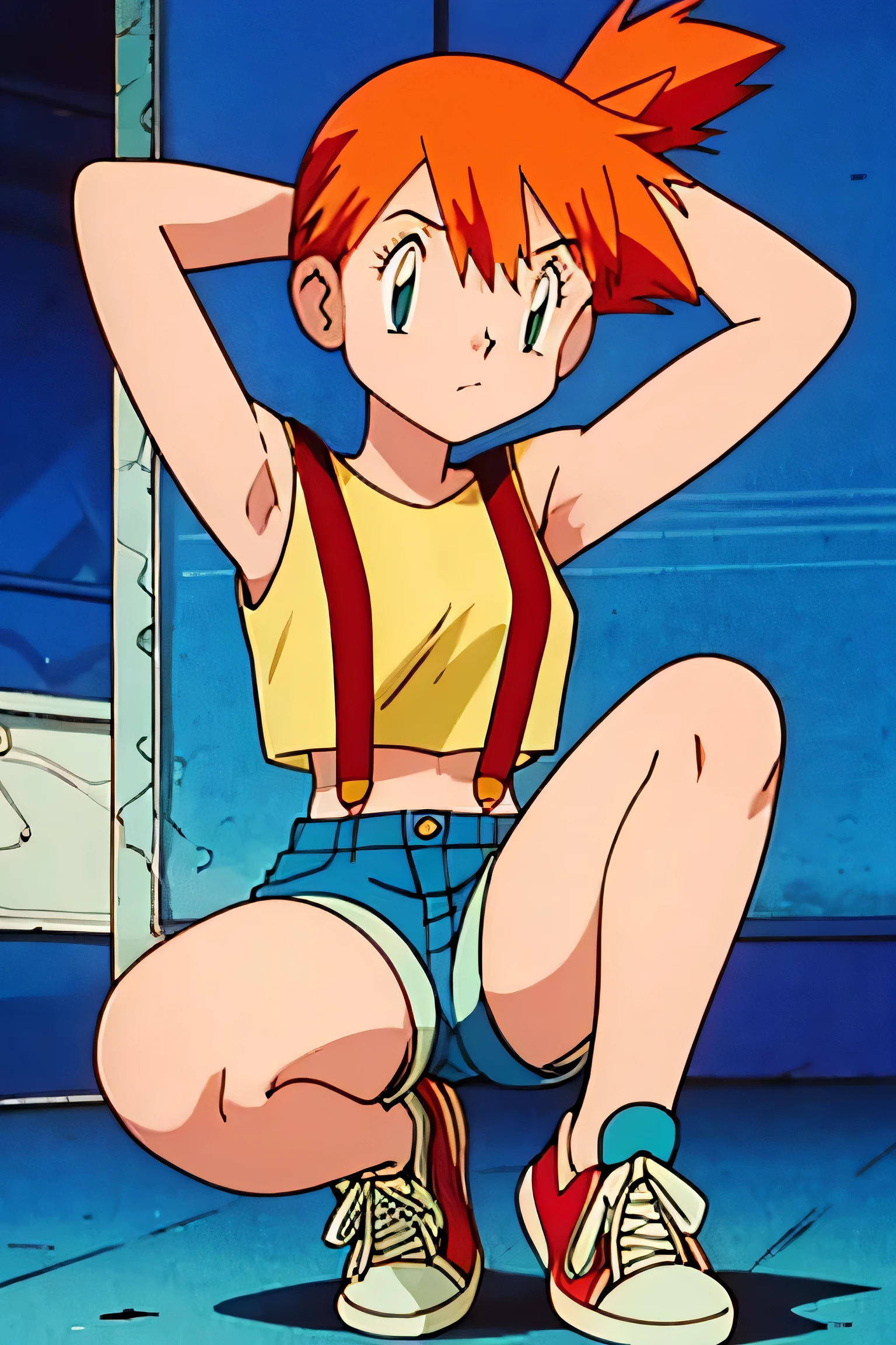 misty (pokemon), yellow shirt, sleeveless shirt, suspenders, denim shorts, sneakers, armpits, showing armpits, arms behind head, solo, masterpiece, 1girl