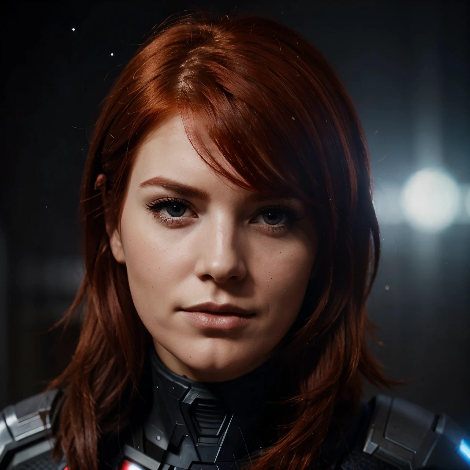 Pretty Red head femshep, closeup portrait, nebula background