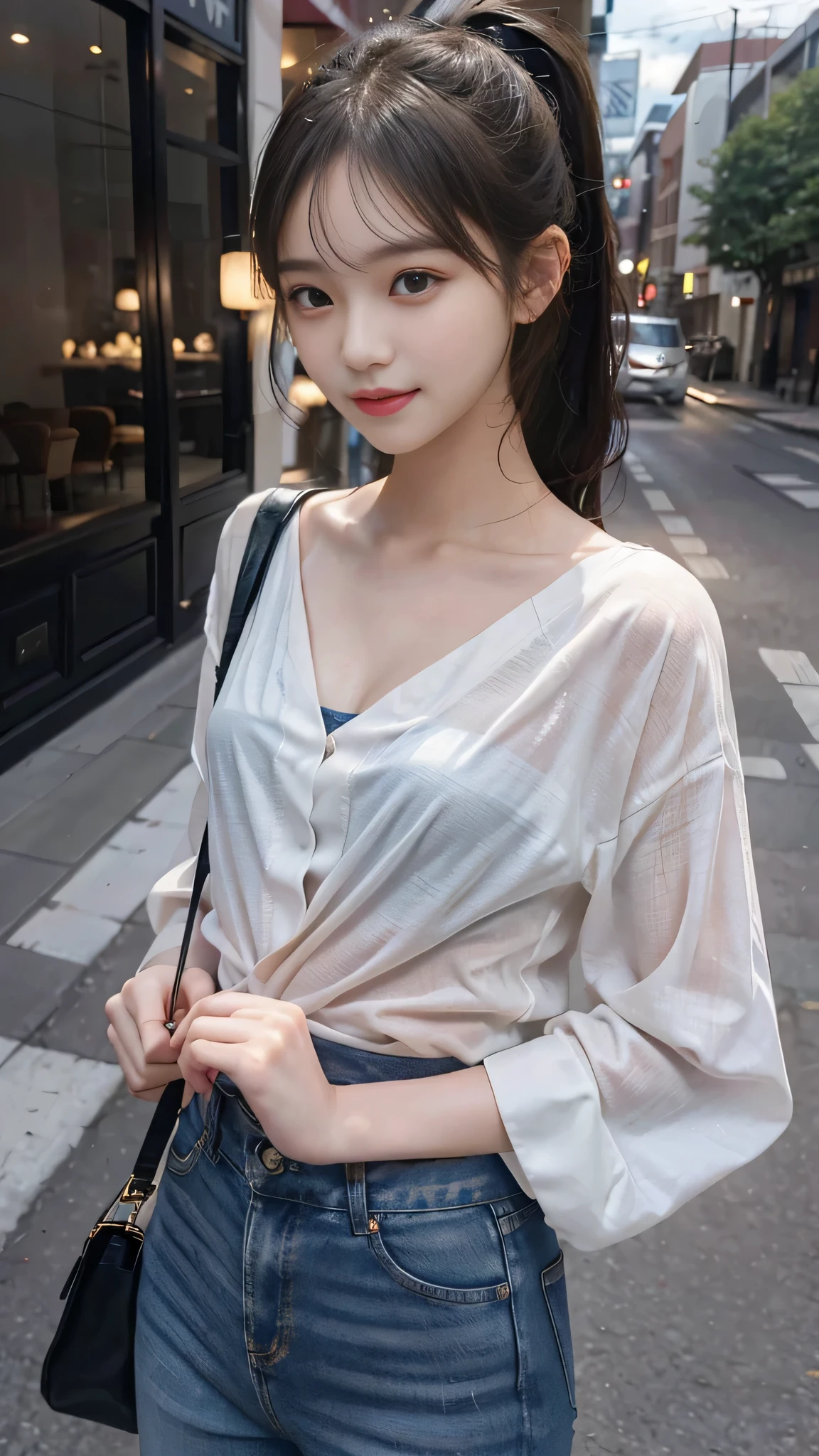 (8K, Top Quality, Masterpiece: 1.2), (Realistic, Photorealistic: 1.37), Super Detailed, 1 Girl, Cute, Solo, Beautiful Details Sky, More Cafe, Night, Sitting, Date, (Blush), (Smile: 1.15), Small Breasts (Mouth Closed), Beautiful Detail Eyes, (Shirt with Collar: 1.1), Night, Wet, Business Clothes, Rain, White Lace, (Short Hair: 1.2), floating hair novafrog style、、、、 topless,