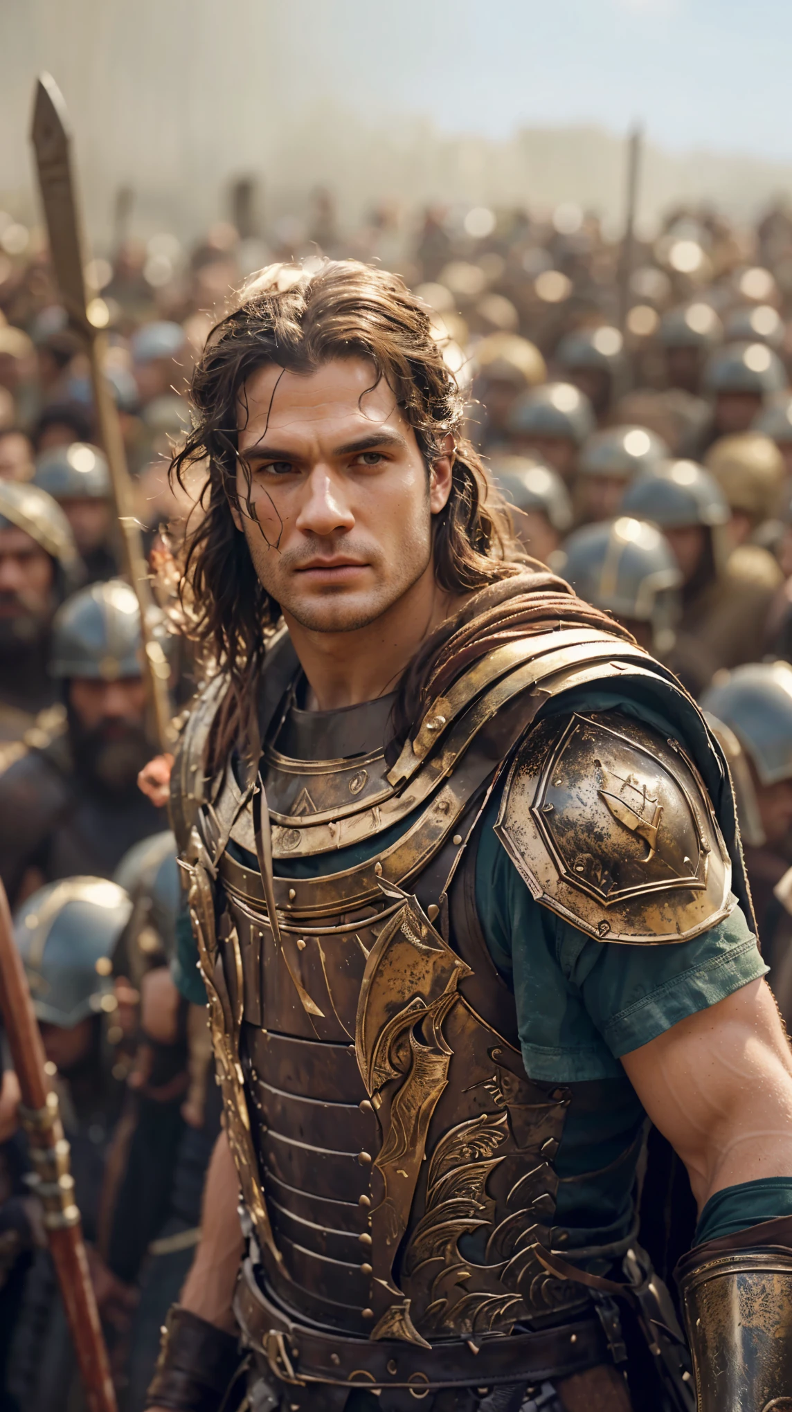 arafed man in armor standing in front of a large group of soldiers, henry cavill as a warrior, henry cavill as a greek god, adam driver as a centaur warrior, biblical epic movie, henry cavill is a greek god, alexander, jason momoa as assyrian, in screenshot from the 300 movie, attractive beefy male with armor
