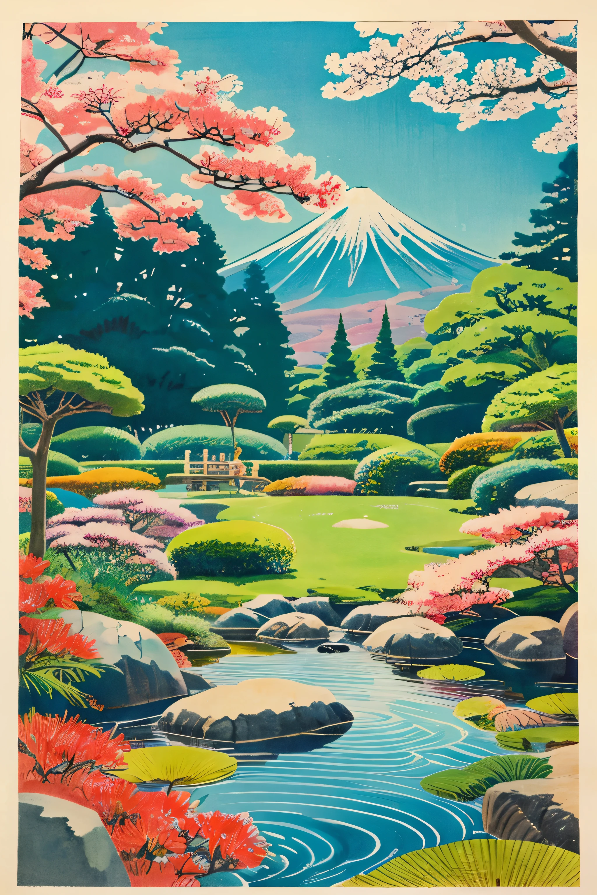Japanese garden　Ukiyo-e style　landscape　Pop music　colorful　enlightenment