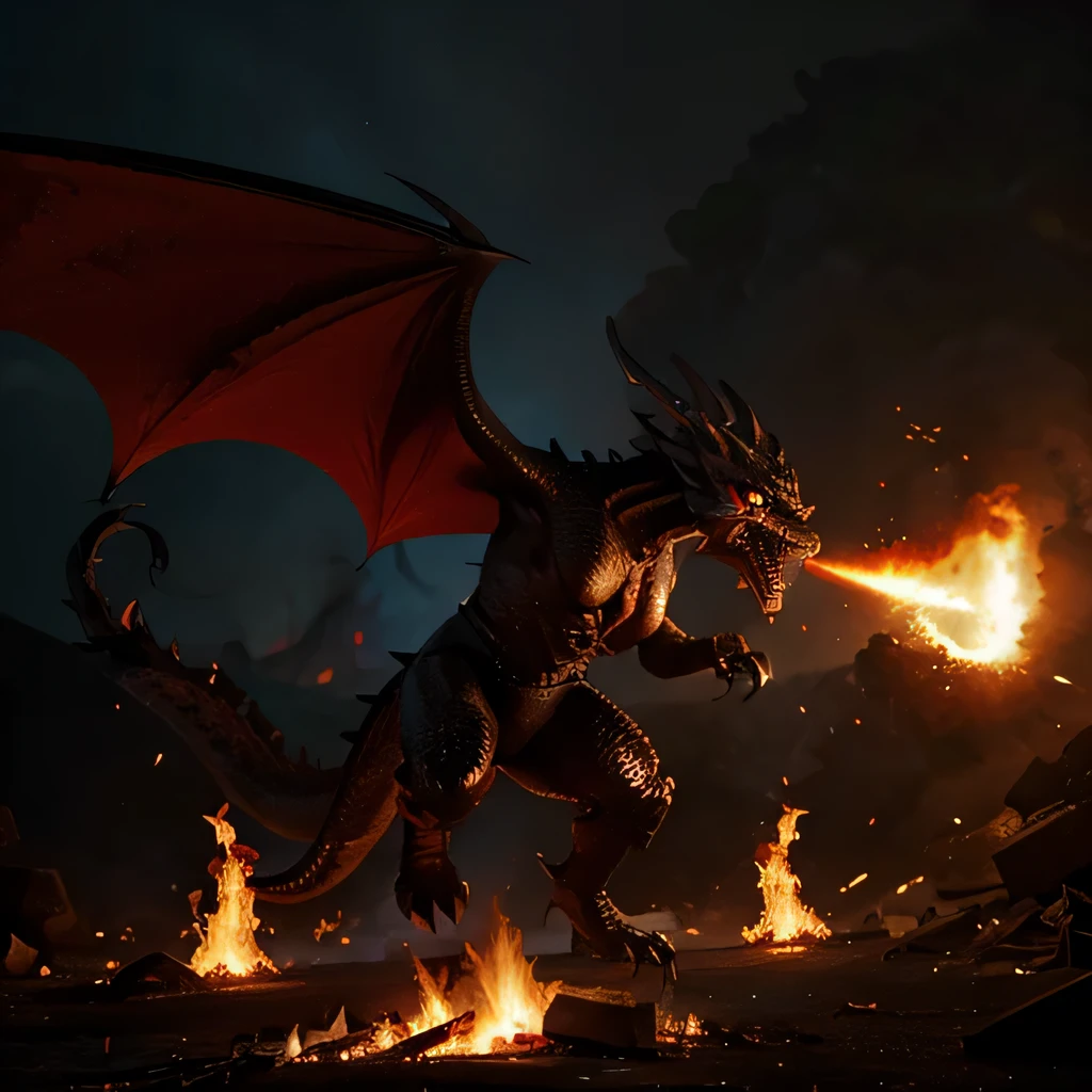 Make a dark dragon being attacked by a fire tornado