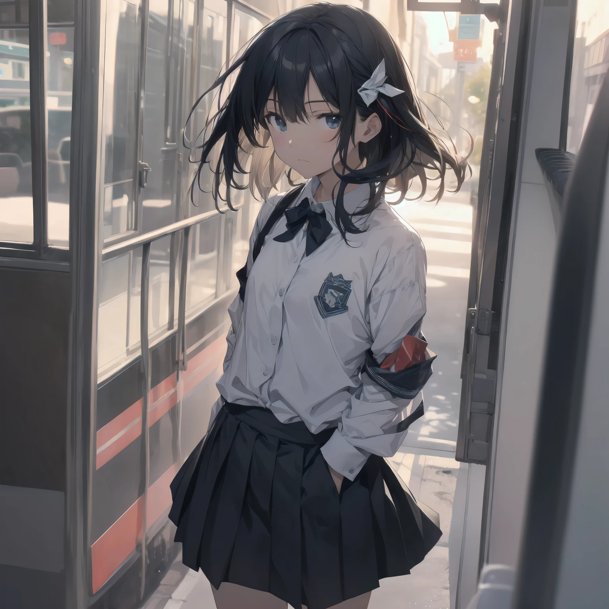 Super absurd quality by the god of art, super detailed, High resolution, anime moe art style, Best Anime 8K Kona-chan Wallpaper, pixiv contest winner, perfect anatomy, break,(眠そうにalone学校へ行く女の子を描いてください. )break,1 girl, (alone,little woman, 13 years old:1.3),All limbs, full finger,, The charm of an immature body, (very_short hair), bangs, small ass, between legs, small eyes, small black eyes, detailed and beautiful eyes, Well-proportioned iris and pupils, expressive eyes, High resolutionの詳細な髪, neck ribbon, skirt, collared shirt, pleated skirt, school uniform, school bag,(detailed lighting), (detailed background),  On the way to school. break,super dense skin, Best cinematic lighting powered by famous artist, 8k,Beauty Illustration,photoshop_(Moderate),Absurd Hi-Res,Hmm,rough skin,break,((artist:dark black,)) artist:Rinzo, artist:mitsumi misato,artist:akinashi yuu 