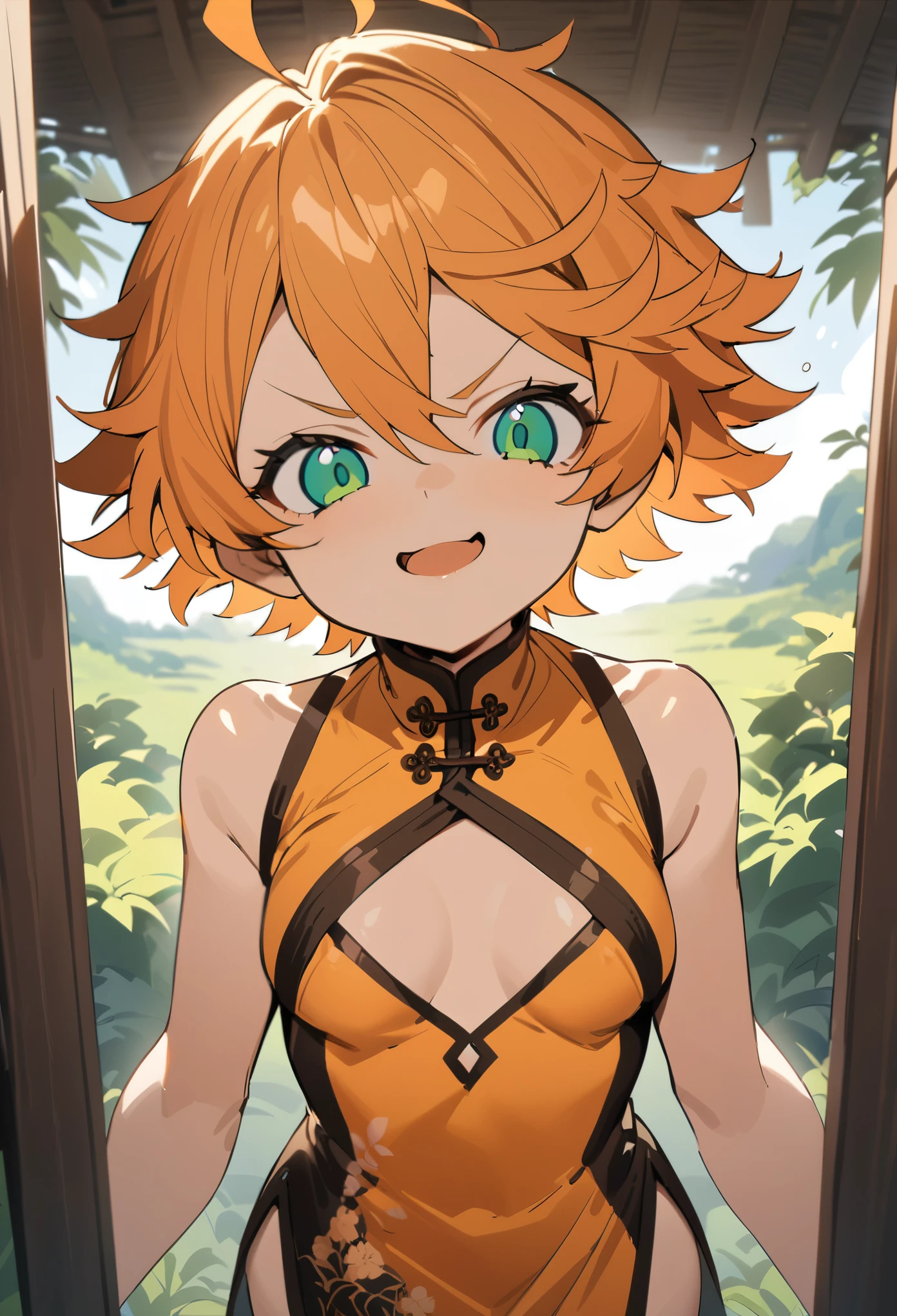 promisedNeverland masterpiece, best quality, 1girl, shirt, green eyes, solo, nature, short hair, looking at viewer, orange hair, ahoge, upper body, open mouth, outdoors, Chinese dress, boob window, breast window, bare breasts, smug, wide hips, standing, front view 