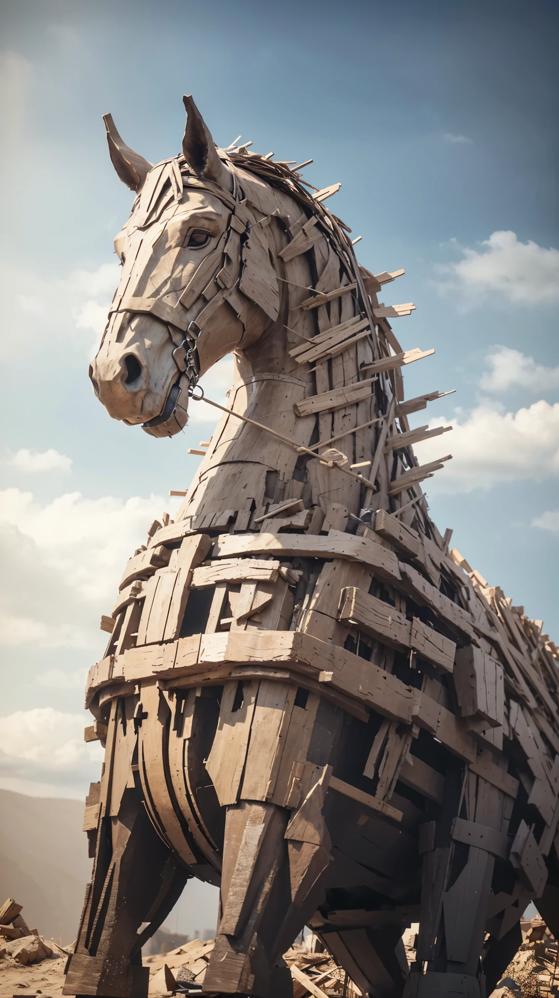 there is a large horse made of wood sticks and sticks, giant sculpture, 3 d sculpture 8 k octane render, 3 d sculpture octane render 8 k, trojan war, depicted as a 3 d render, detailed digital 3d art, in the art style of filip hodas, rendered in maya and houdini, by Adam Marczyński
