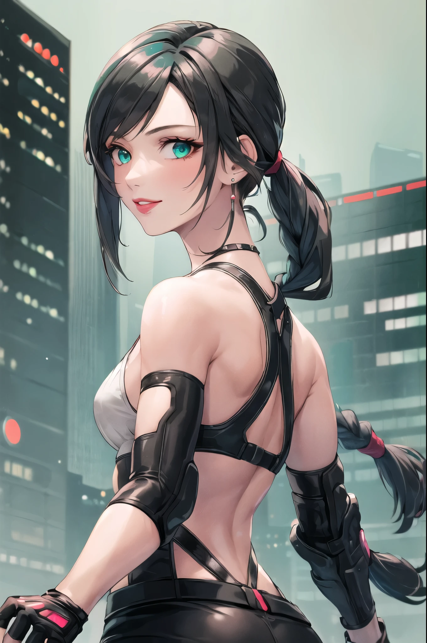 1girl, aqua eyes, back, bangs, bare shoulders, black gloves, braid, earrings, fingerless gloves, from behind, gloves, green eyes, grey hair, holding, jacket, jewelry, long hair, looking at viewer, looking back, nail polish, parted lips, ponytail, solo, upper body,baiyi,[[realistic]],(shiny skin),(masterpiece:1.4),(best quality:1.4),red lips,smile,cyberpunk,neon lights