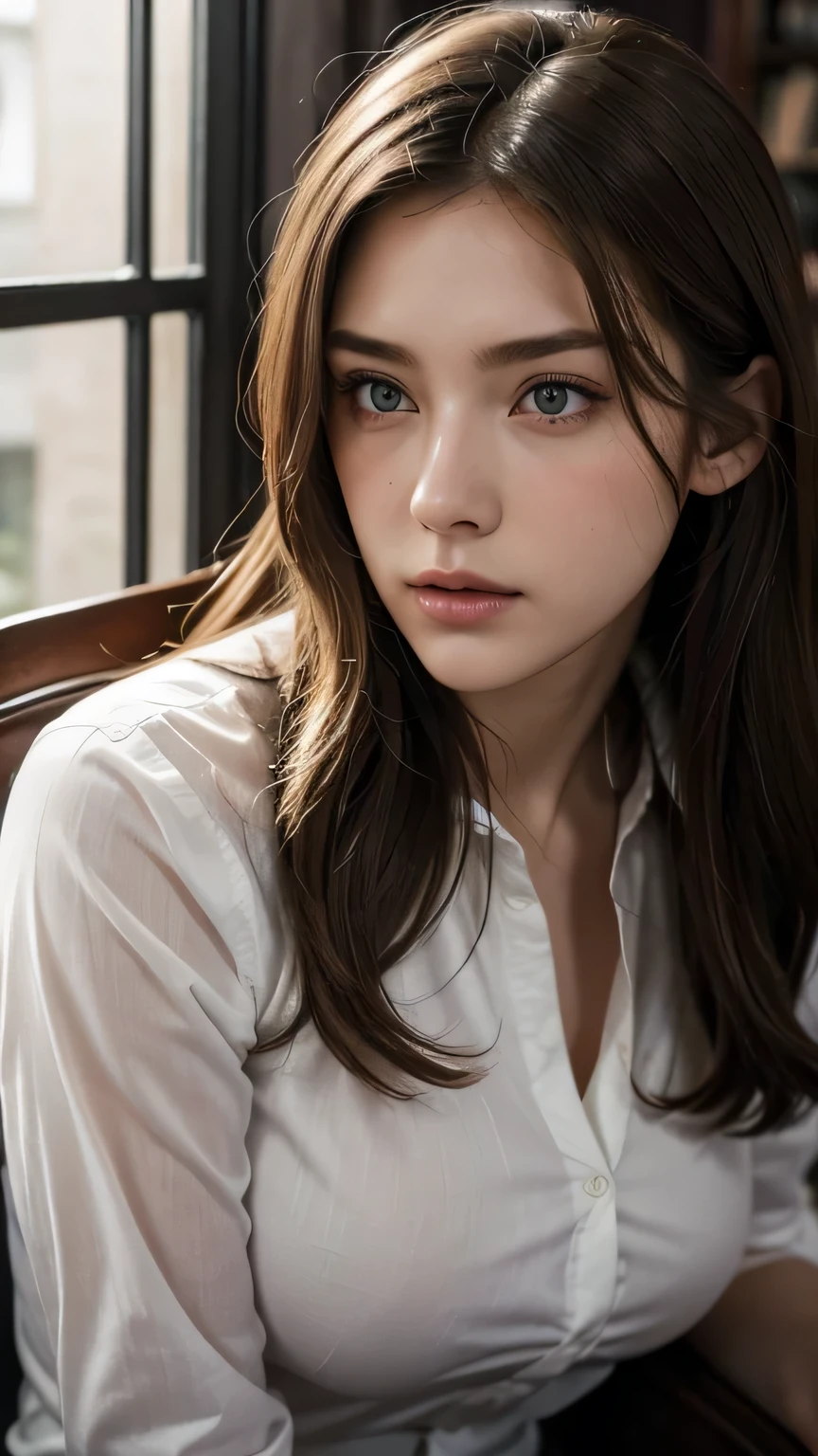 Woman, short curly brown hair, green eyes, white shirt