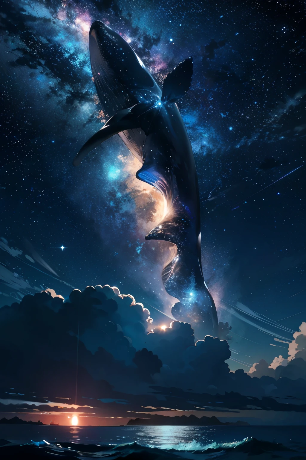 Amidst the vast expanse of the night sky, a colossal whale breaks the tranquil surface of the shimmering sea. Its majestic body illuminated by the ethereal glow of the stars, casting long, dramatic shadows upon the rippling waves. The crisp air carries the haunting melodies of its haHa calls, adding to the surreal symphony of the scene. The sky above is a canvas of twinkling lights, a mesmerizing display of nature's beauty. The sea, brightly lit by the moon and stars, unveils its true colors, revealing its depth and mystery. The combination of the towering whale, the night sky, and the ser