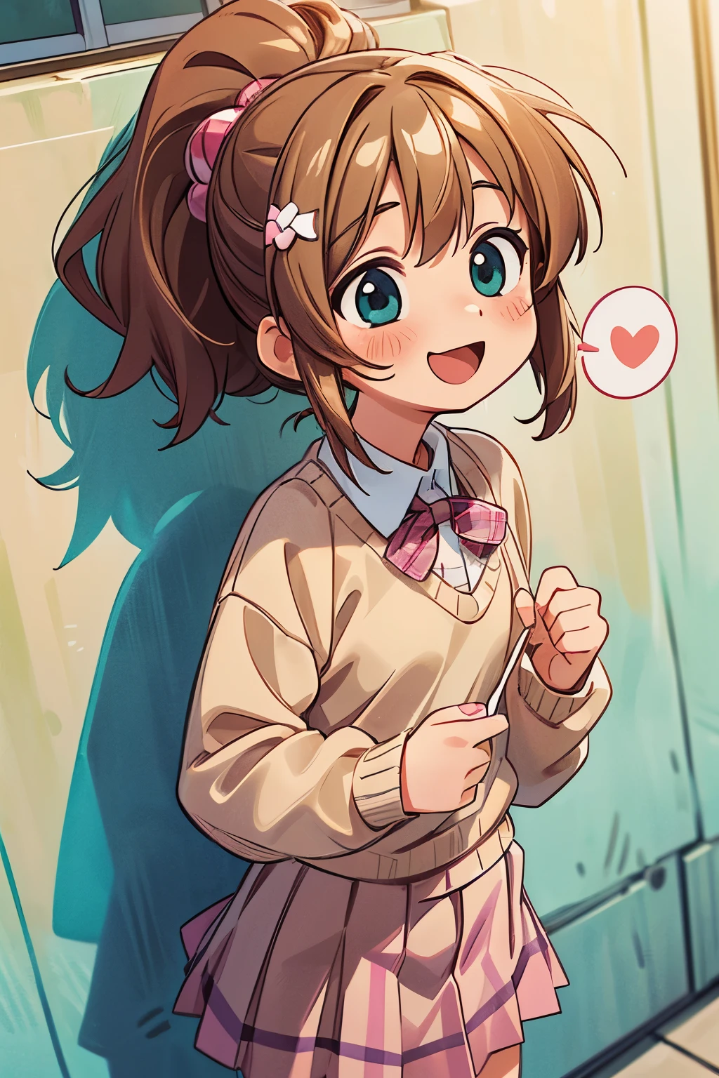 ((Masterpiece)), (Anime:1.5), ((best quality)), (RAW photo:1.2), (High Definition:1.3), (Professional Photography:1.2), (chromatic aberration), 1girl, ((12years old)), small breast, teenage cute girl, (Spoken Heart), messy ponytail and brown middle hair, tied with pink elastic, aqua eyes, (School Uniforms:1.2), (Wearing a beige knitted sweater over a white shirt:1.3), (plaid pleated skirt:1.3), open mouth, the wind, breezing, Cute Hair Ornament, (blush and cute smile face), against the concrete wall,