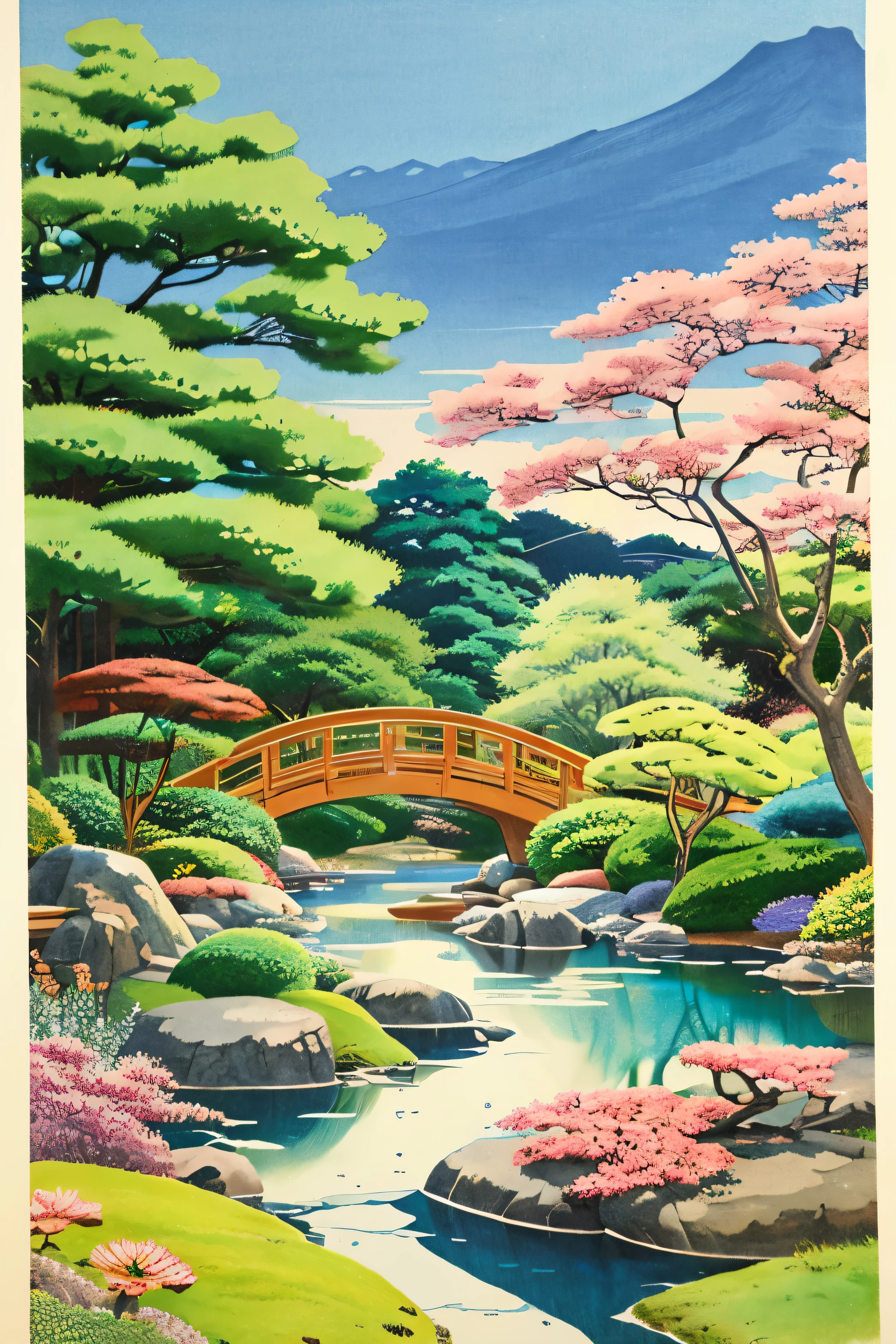 Japanese garden Ukiyo-e style landscape Pop music colorful enlightenment