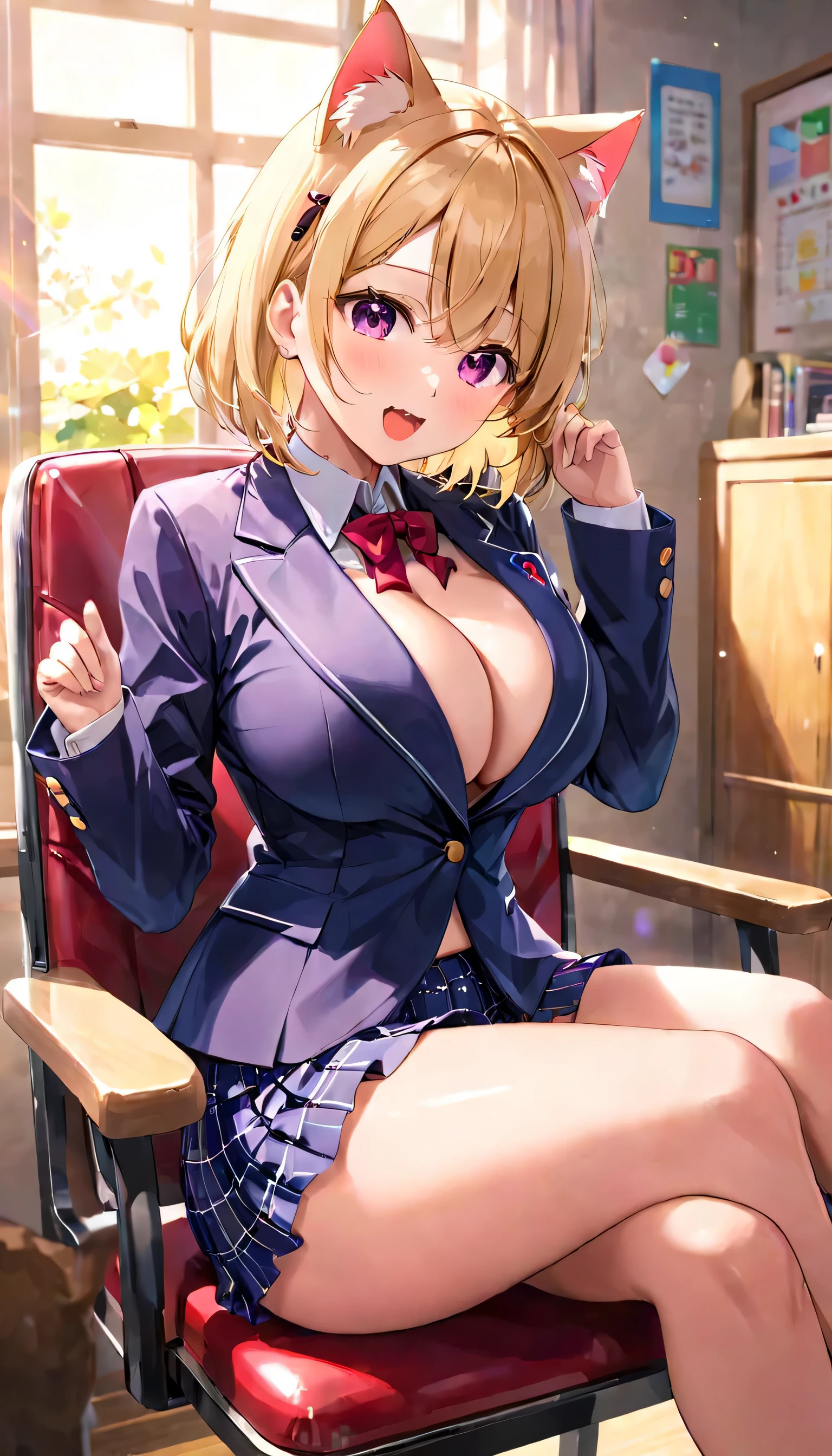 In 8K、highest quality、masterpiece、Super detailed、ultra high resolution、anime style、1 female、School、school girl blazer、Grape pleated skirt、You can see the polka dot print pants、、Lens flare、(Cat ear)、Bob cut blonde hair、big breasts、、open your mouth and 笑顔、sit on a chair,Raise your legs to show your panties