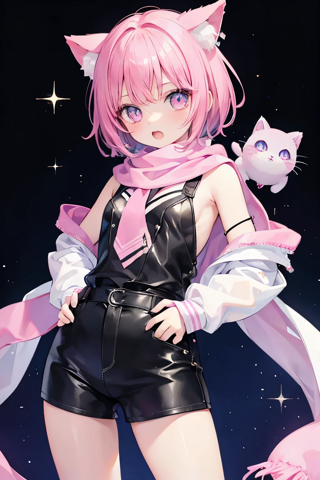 Very beautiful and shining eyes、shining eyes、1 girl、small breasts、big mouth、small breasts、Cat ear、Transparent pink short hair、scarf、hot pants、7 year old girl、childish clothes