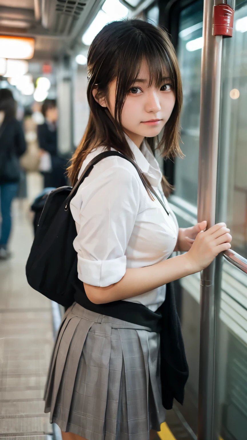 (masterpiece:1.2, highest quality), Bokeh, 1 high school girl, 
(japanese idol:1.6), plump breasts, blushing face, looking at the viewer, standing on the train tracks, high school uniform:1.6), sunset, close, 
