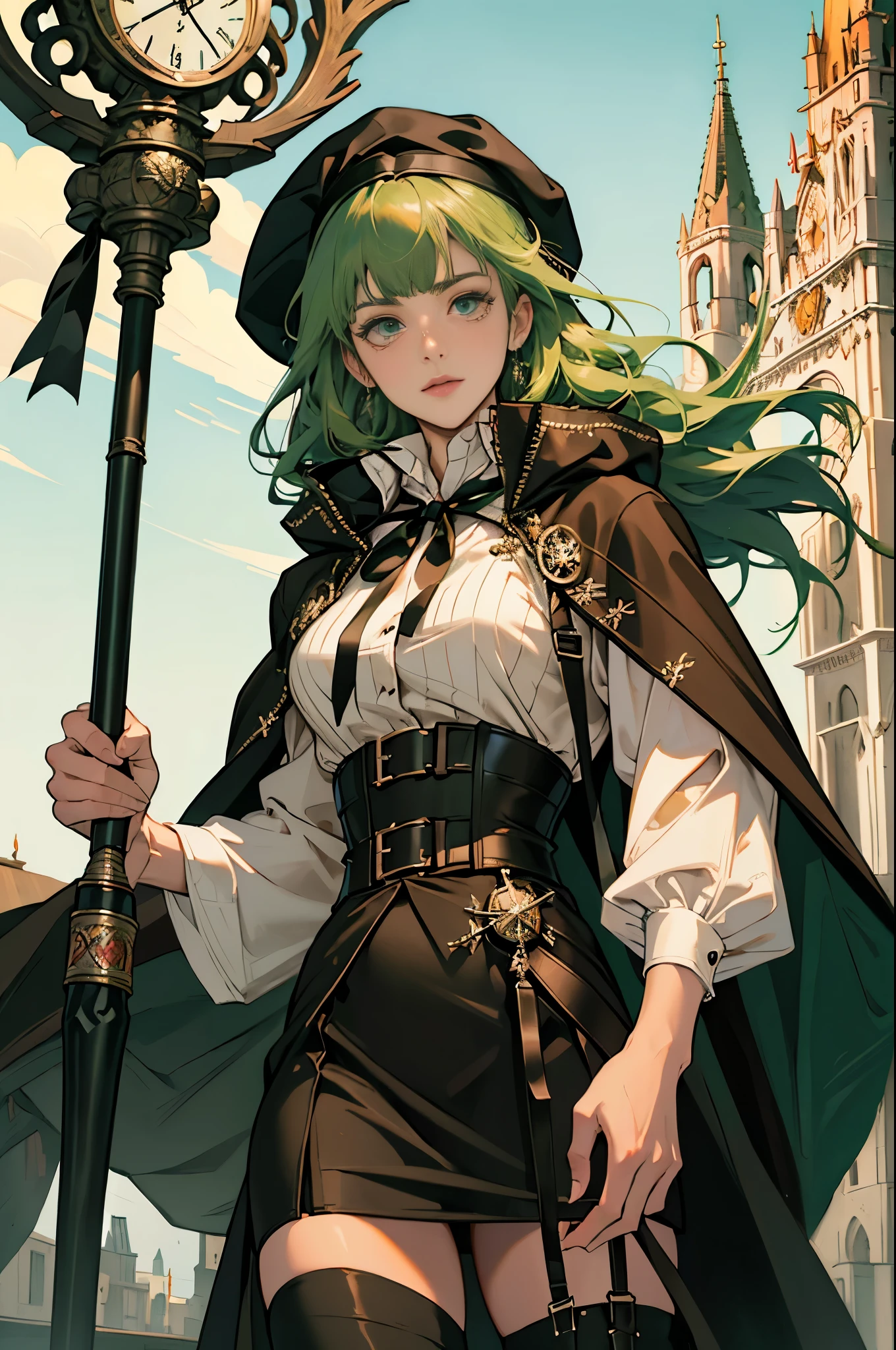 masterpiece, ultra detailed, 8k portrait, RAW photo, portrait photography, highly detailed face, beautiful and meticulous eyes, ((Fantasy)), Young beautiful, 22 years old, dynamic pose, (((Long Straight deep green hair))), ((One side is woven with orange ribbon)), blunt bangs, beret, White skin color, Luxury, hooded (((dark brown))) (((silk long cloak))) fluttering in the wind, (((dressed shirt))), (((silk maxi skirt))), leather corset, (((dark thigh high tights))), high cut leather boots, (((lift up long magical staff))), ((equip a pocket watch)), Midday Sun, hyper realistic, Body model, Small breasts, Beautiful breasts, Long legs, in the castle, Ambient lighting, Shadow details , Camera focus on face, strong breeze, Light fog