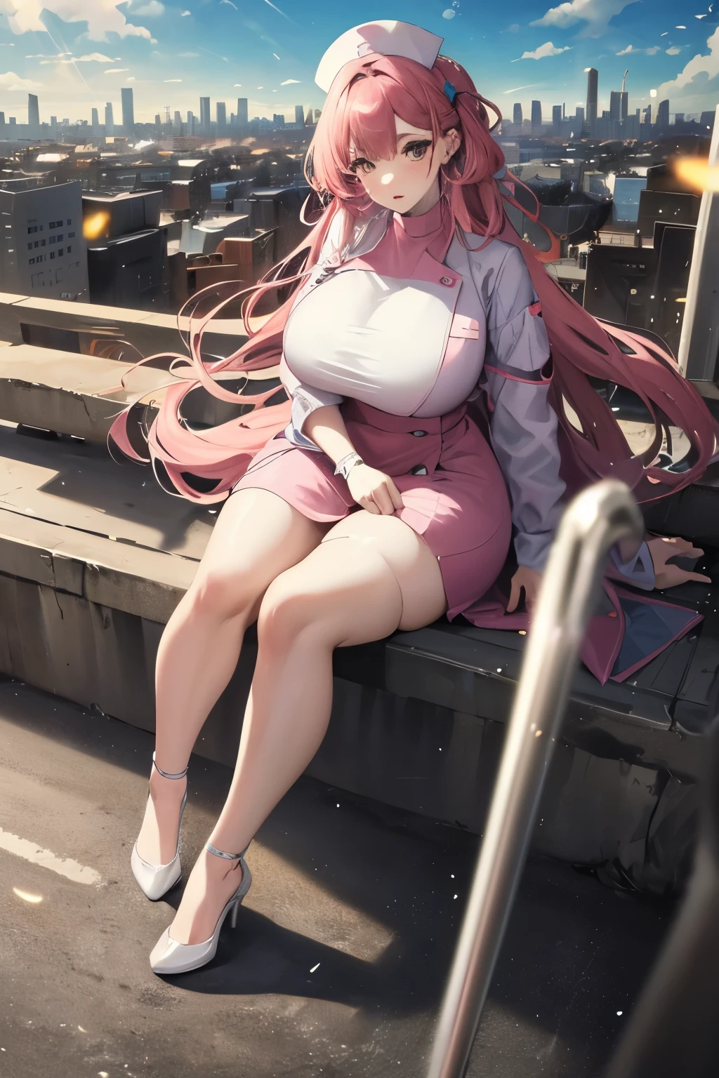 official art，masterpiece，sharp focus，exquisite beautiful hair、eyes and face，realistically，Super detailed，Miss，blue sky，Glowing white particles,(Side light:1.2),Sunlight,Baiyun,Detailed cloud,thin and long,huge ，long legs，Very plump figure，Pink nurse outfit，landscape,long, straight hair,, buliding, (city View:1.7)，pale skin, hair accessories, 史詩般的landscape，front