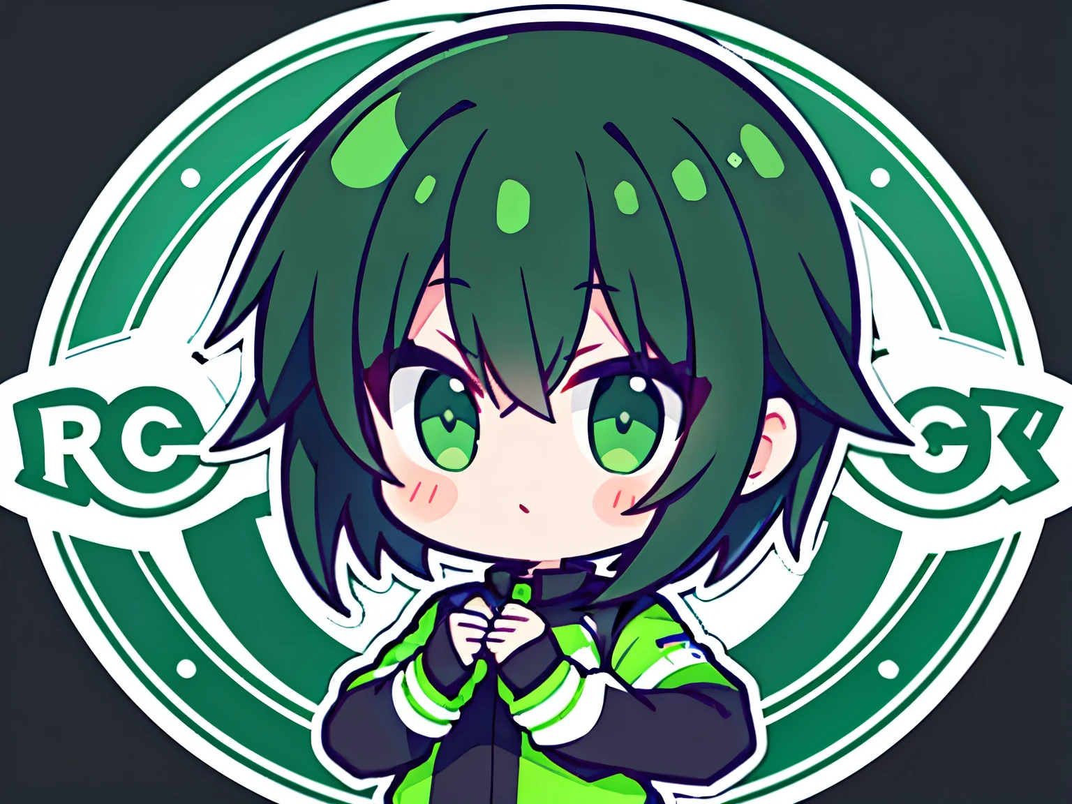 Logo of a girl with short green black hair from a car customization company called Infortunio wearing racing clothes, all black background