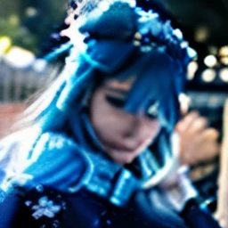 as a tall anime girl with snow white skin, cabello largo y abundante del color azulclaro con puntas azules oscuros que brillan como un efecto glow, ojos celestes, white eyelashes, cejas blancas, tierno, hermosa, preciosa, linda, realista, detalles en hd, saturation, sonrojada y coqueta. Femenina,falda azul claro con effecto de brillo,zapatillas azules brillantes, el ambiente con azules claros oscuros brillosos hermoso y tranquilo,camisa cuello en v azul claro brillante,cuerpo perfecto