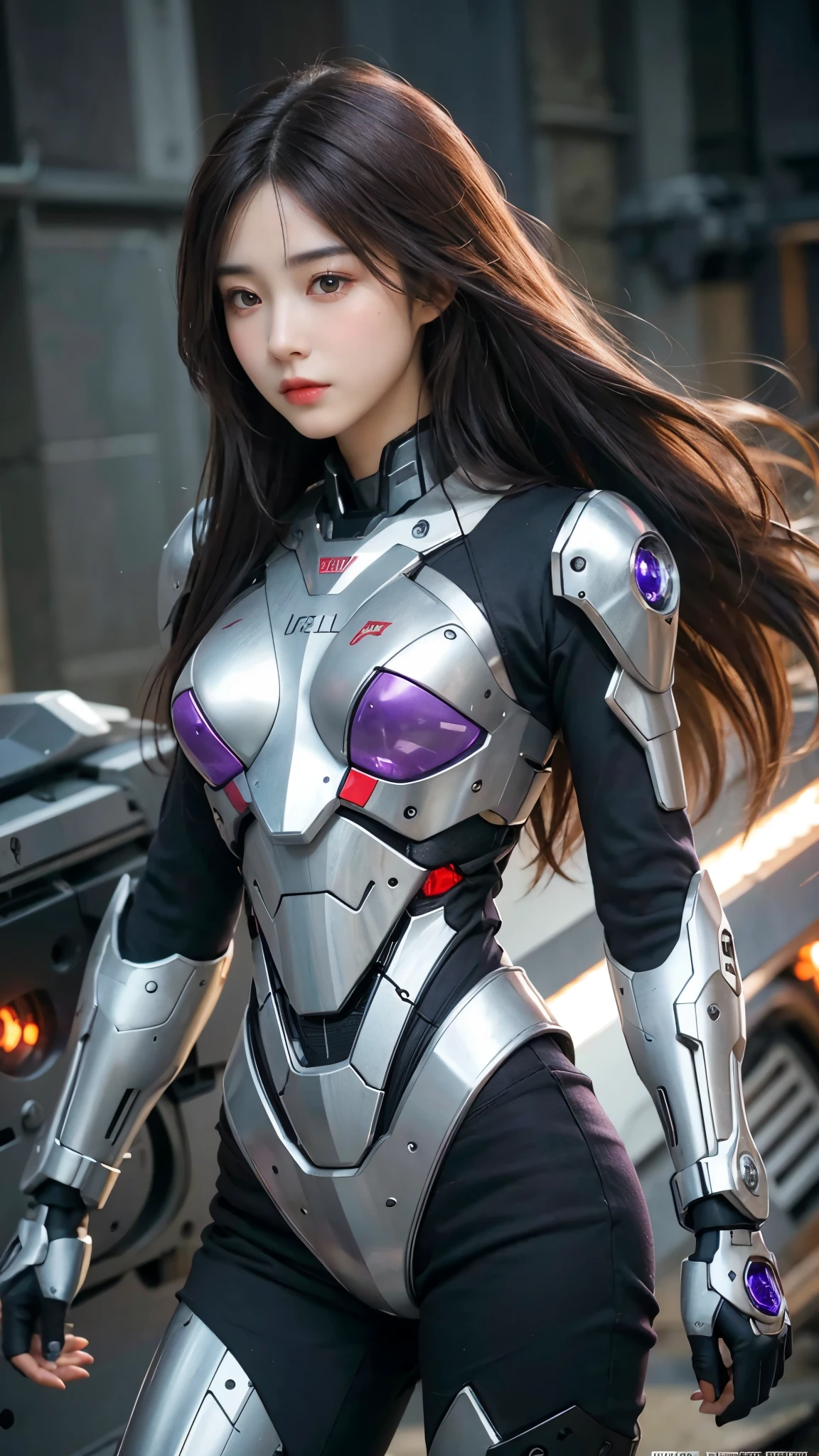 Textured skin, Super Detail, high details, High quality, Best Quality, hight resolution, 1080p, hard disk, Beautiful,(War Machine),beautiful cyborg woman,Mecha Cyborg Girl,Battle Mode,Girl with a Mecha Body,She wears a futuristic war machine weapon mech,Fulll body Shot, very very very long hair brown or black silky rapunzel, purple,