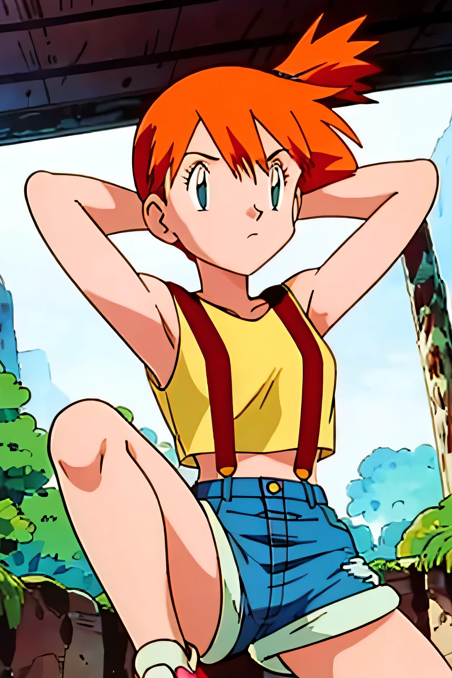 misty (pokemon), yellow shirt, sleeveless shirt, suspenders, denim shorts, sneakers, armpits, showing armpits, arms behind head, solo, masterpiece, 1girl