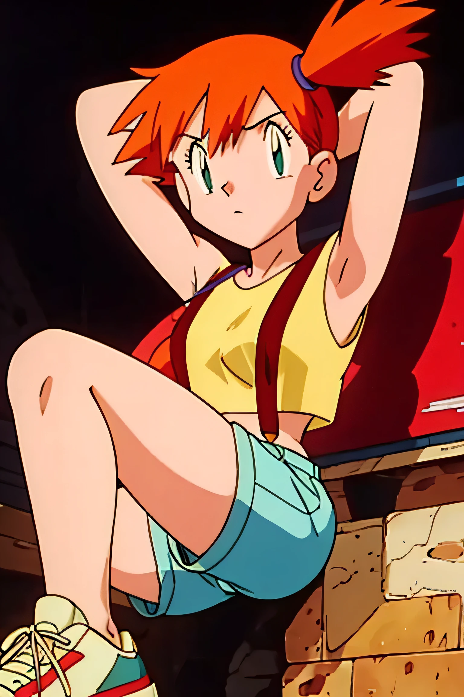 misty (pokemon), yellow shirt, sleeveless shirt, suspenders, denim shorts, sneakers, armpits, showing armpits, arms behind head, solo, masterpiece, 1girl