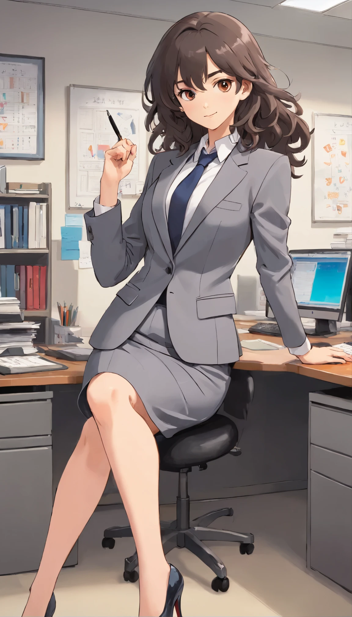 young tomboyish woman in the office, wearing a gray skirt suit and black high heels, gray blazer, gray pencil skirt, black high heels, pale skin, strong body, sexy pose, long curly dark brown hair, hazel eyes, seductive smile, full body