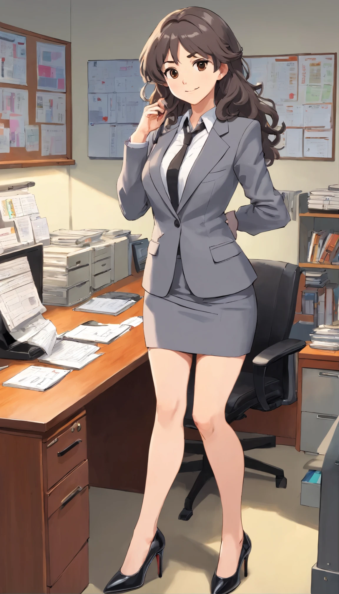young tomboyish woman in the office, wearing a gray skirt suit and black high heels, gray blazer, gray pencil skirt, black high heels, pale skin, strong body, sexy pose, long curly dark brown hair, hazel eyes, seductive smile, full body