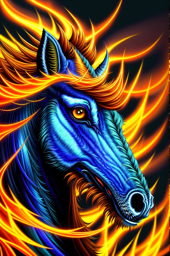 Close-up view: Fiery mane and horn of the majestic unicorn ablaze; flames licking its fur with vibrant hues; eyes glowing with ethereal light against a backdrop of swirling magical energy; mystical, intense, captivating; reminiscent of the works of fantasy artists like Donato Giancola and Todd Lockwood; rendered with meticulous detail and dynamic brushstrokes; a mesmerizing blend of realism and fantasy.