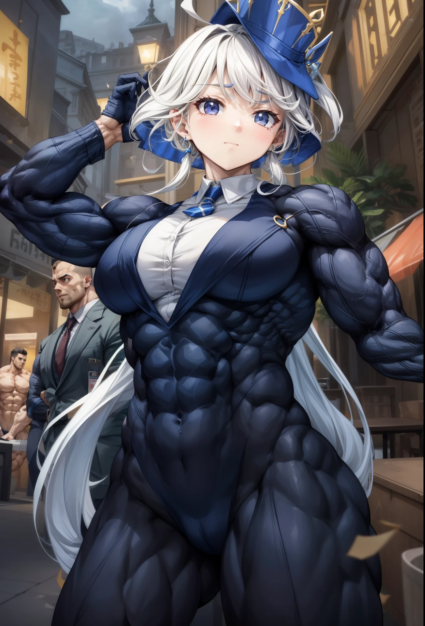 ,girl, biceps, muscular ,alternate muscle size,,muscular thighs,covered abs, thick arms,, broad shoulders,suit, muscular,(furina)