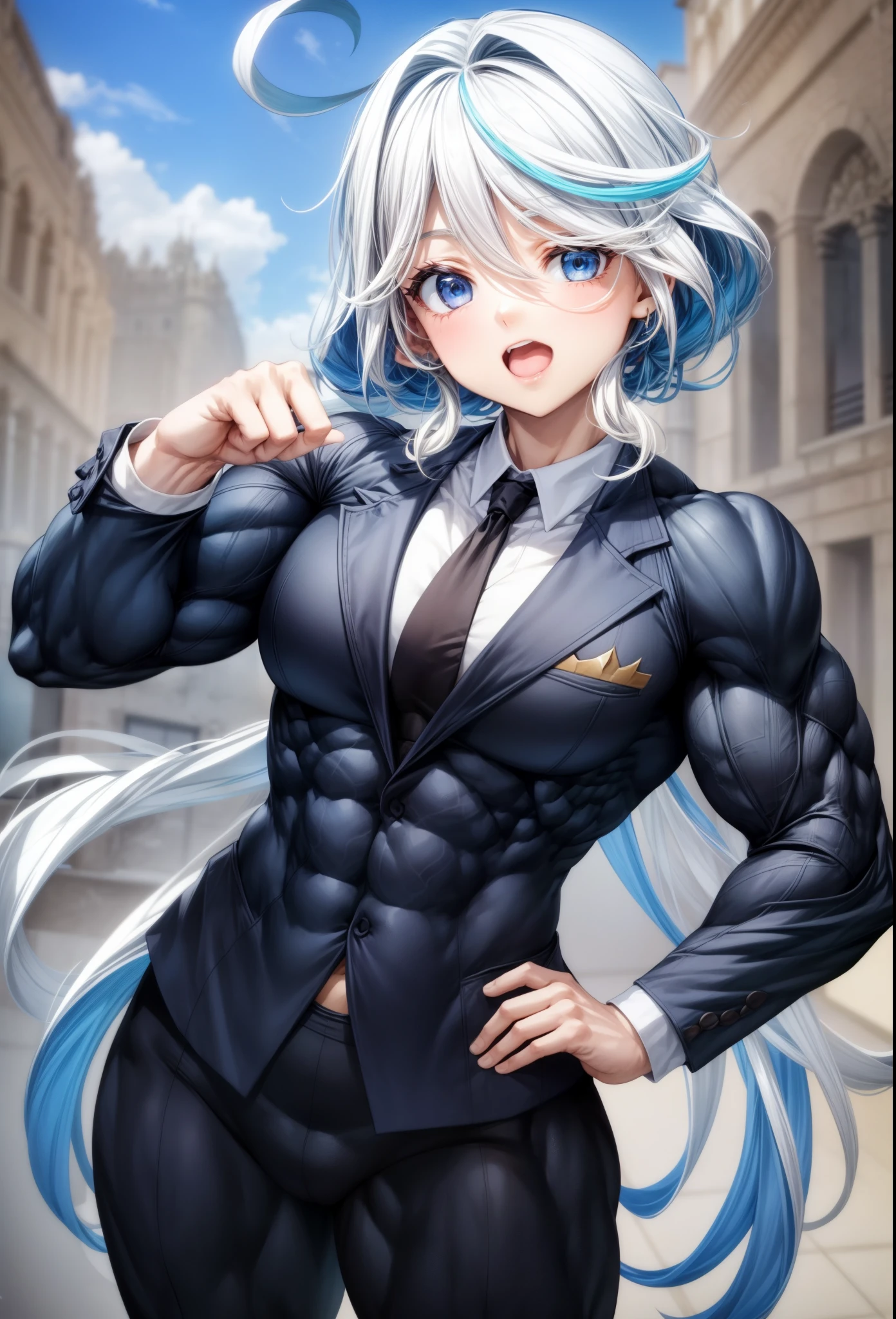 ,girl, biceps, muscular ,alternate muscle size,,muscular thighs,covered abs, thick arms,, broad shoulders,suit, muscular,(furina)