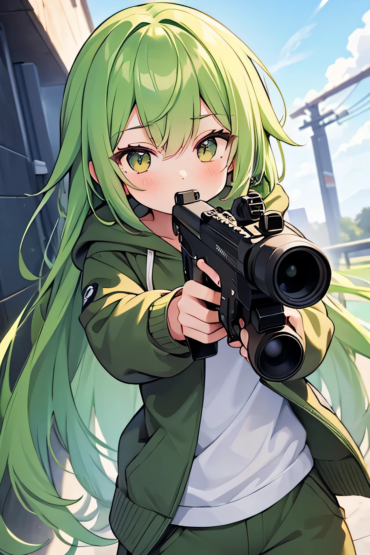 1girl, long green hair, brown eyes, wearing plain green hoodie with pants, holding a weapon and aiming down sight, high res, ultrasharp, 8k, masterpiece, looking at viewer