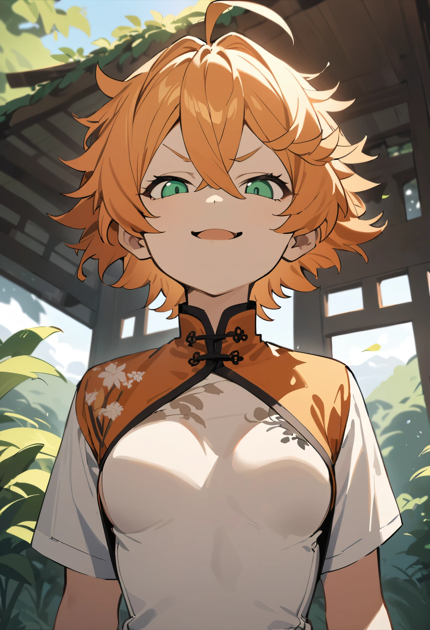 promisedNeverland masterpiece, best quality, 1girl, shirt, green eyes, solo, nature, short hair, looking at viewer, orange hair, ahoge, upper body, open mouth, outdoors, Chinese dress, boob window, breast window, bare breasts, smug, wide hips, standing, front view 