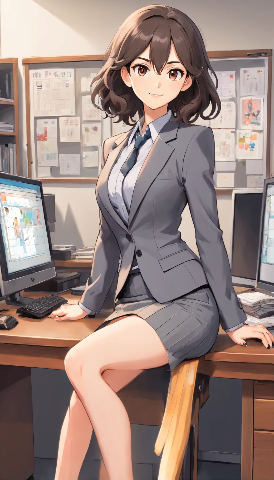 young tomboyish woman in the office, wearing a gray skirt suit and black high heels, gray blazer, gray pencil skirt, black high heels, pale skin, strong body, sexy pose, long curly dark brown hair, hazel eyes, seductive smile, full body