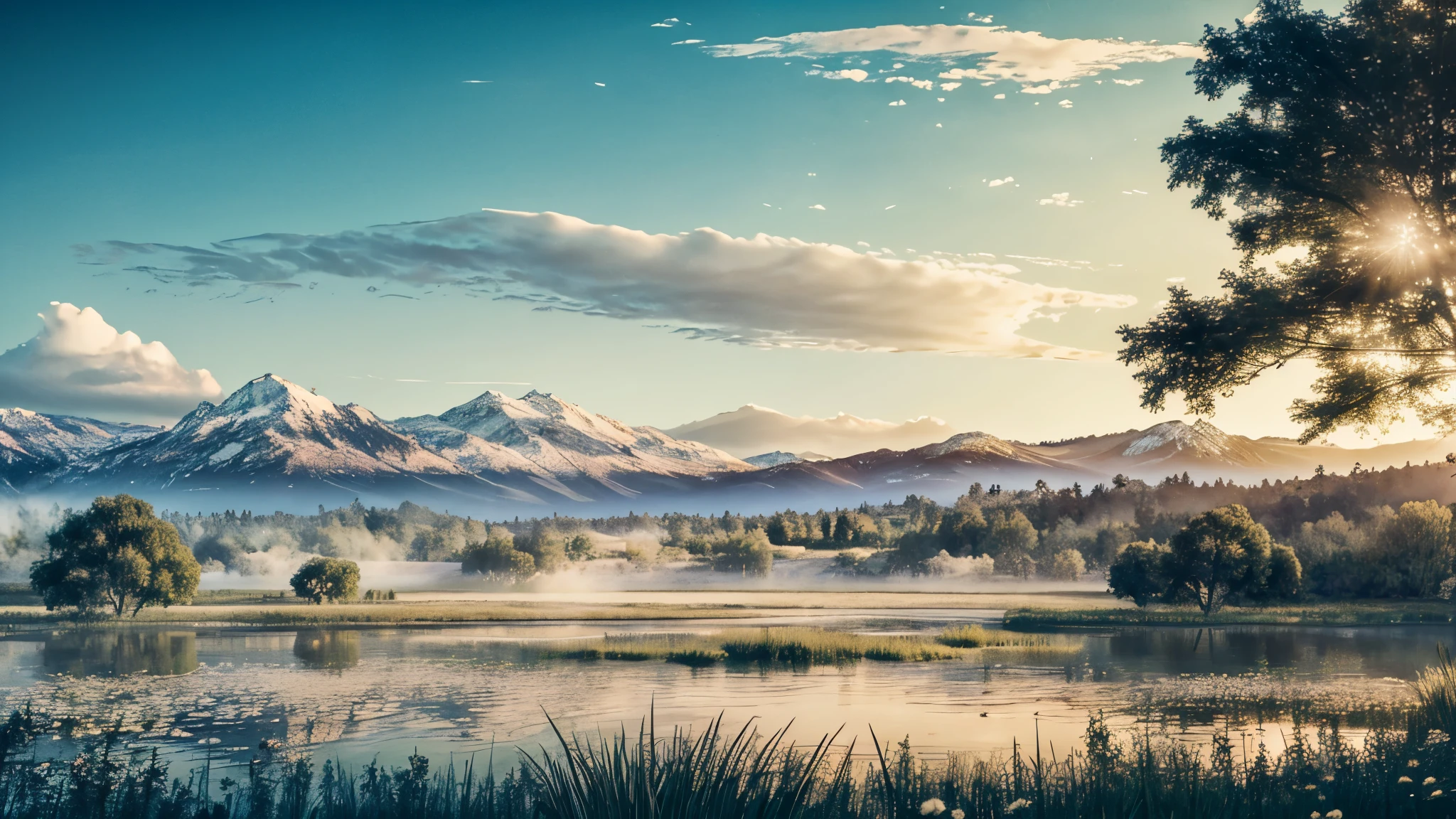 Masterpiece, Imagine a panoramic landscape where a vibrant blue river meanders through a verdant valley, framed by lush green fields and diverse trees. Wildlife roams freely, adding life to this tranquil scene under a sunlit sky dotted with gentle white clouds. Towering mountains stand in the distance, their majestic silhouettes against the horizon. Above, birds glide gracefully, enhancing the sense of freedom and purity. Every element combines to form a paradise on earth, depicted with stunning realism and attention to detail, from the play of light on the water to the delicate textures of the flora and the varied hues of the landscape. 16K, ultra high res.photorealistic, UHD, wide angle, depth of field, RAW