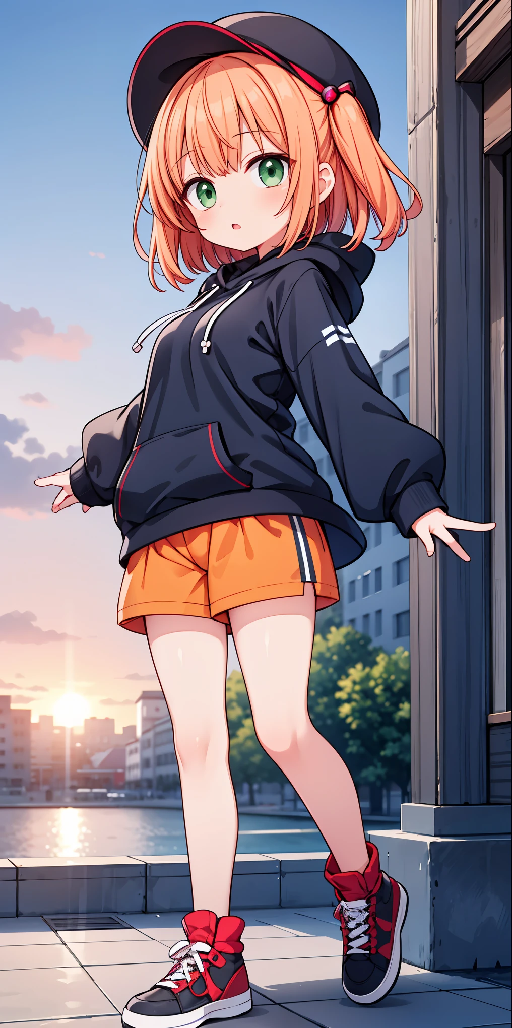 1 girl, alone, A girl with an older sister's body、Girl with red-orange hair、green eyesの女の子、scarf, A girl wearing shorts with fluffy ends,girl wearing long black tights、 pantyhose, have, long hair,白いshoulder hoodie , outdoors, eyebrows visible through hair, looking at the viewer, , blush, , bangs,, ,, dutch angle, sneakers,, brauncolor shorts,, green eyes, , Are standing,, clothes,, small mouth, white,sunrise sky, 黒い🧢を被った女の子, bare ,cute,cute, ung girl, alone, side up short hair, pixie cut, bangs, hair ornaments, Eyes,, close view, From Adobe, Severe,, big breasts, 壊す sunrise skyの背景、green eyes、Silky delicate red-orange hair、 wearing a wrap skirt、Kyoani style、mouth slightly open、白いshoulder hoodieを着ている女の子、Shiny and beautiful shoulders、very cute girl、shoulder hoodie、白いshoulder hoodie、girl wearing a hoodie that shows off her shoulders、鈍bangs、A delicate girl with red-ish orange hair、A girl who puffs out her cheeks a little、A delicate girl with red-ish orange hair、A girl with beautiful contours and very shiny shoulders.、A girl with beautiful breasts that are much larger than the average person.、A girl wearing cute fold-in long boots、girl holding the brim of a black hat、Very shiny shoulders with beautiful contours、A girl trying to show off her shining shoulders、艶のあるとてもきれいなA girl trying to show off her shining shoulders、先端がもふもふのbrauncolor shortsを履いている女の子