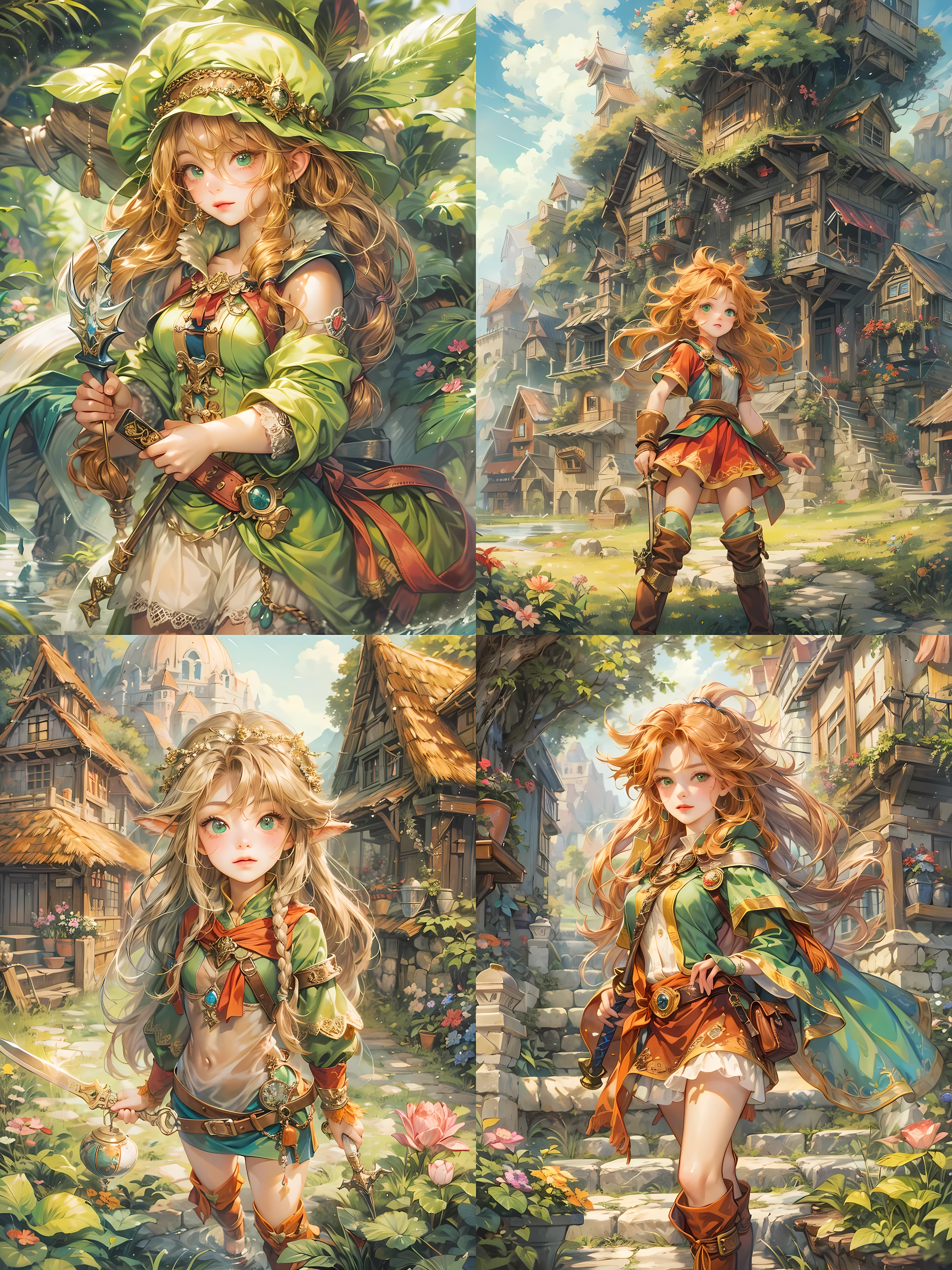 (absurdres, highres, ultra detailed, HDR), masterpiece, best quality, legend of mana character, sword of mana console, portrait of a girl, beautiful heroine, town of lumina, detailed face, in a legend of mana town, lumina, adventurer, pretty adventurer, professional photo, rpg style girl detailed green costume, eyes on viewer,young girl 18 years old, cute girl, detailed background