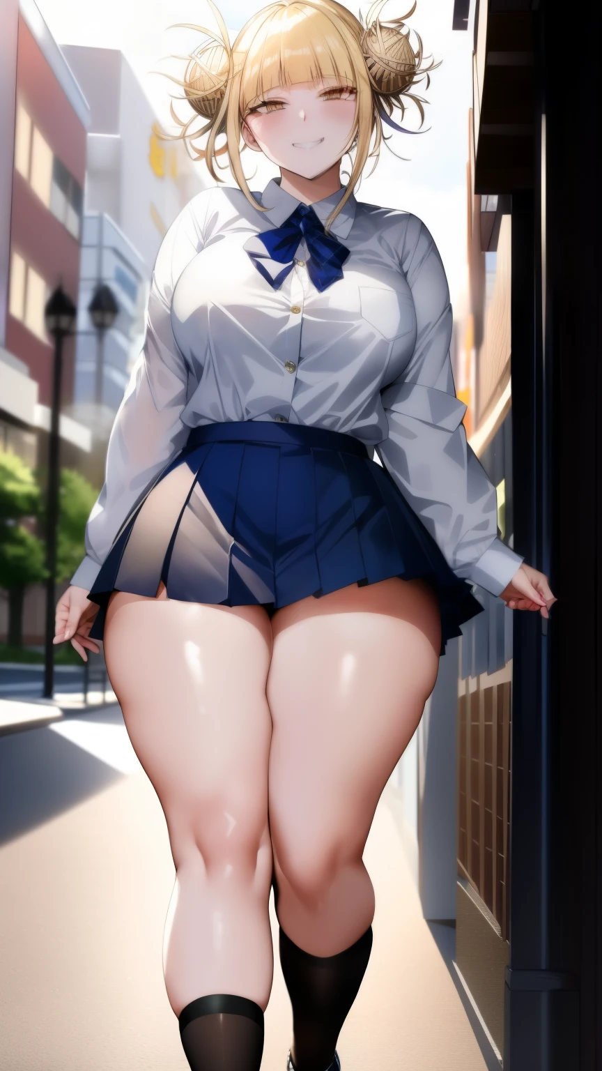 Himiko_toga, (masterpiece, highest quality,perfect lighting), 1 girl, alone, grin, portrait, school uniform, thick thighs, round chest, high heels, Buttons fly off the shirt, Are standing, put your hands behind your back