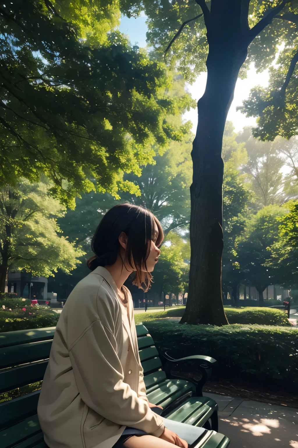 [Image Description: An AI-generated candid shot of a person sitting on a park bench, lost in thought. The soft morning light filters through the trees, casting gentle shadows on the subject's face. The background is a blur of vibrant greenery, creating a serene and contemplative atmosphere.]