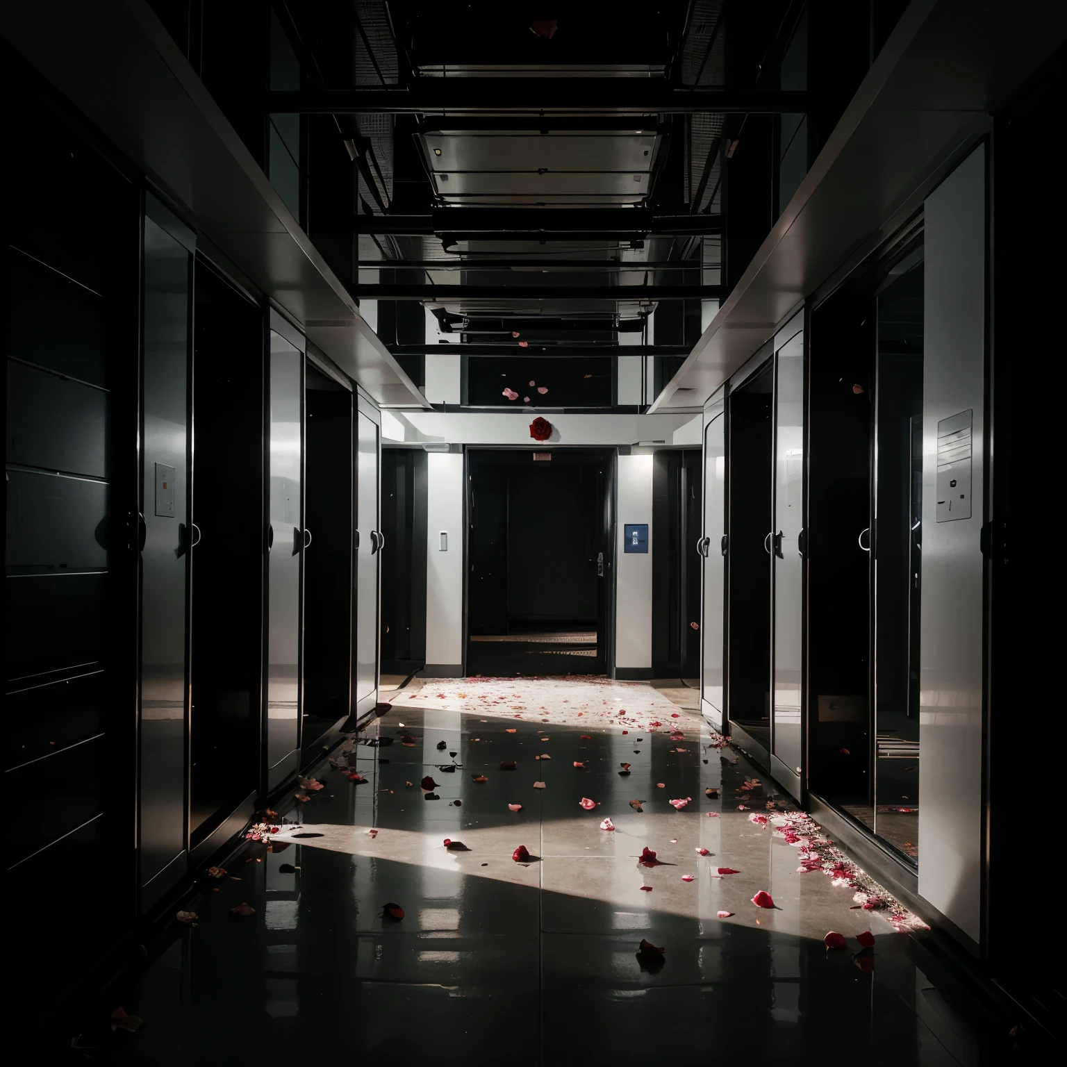 There is a dark room full of supercomputers, and in the middle of it is a fallen rose with it's petals scattered around