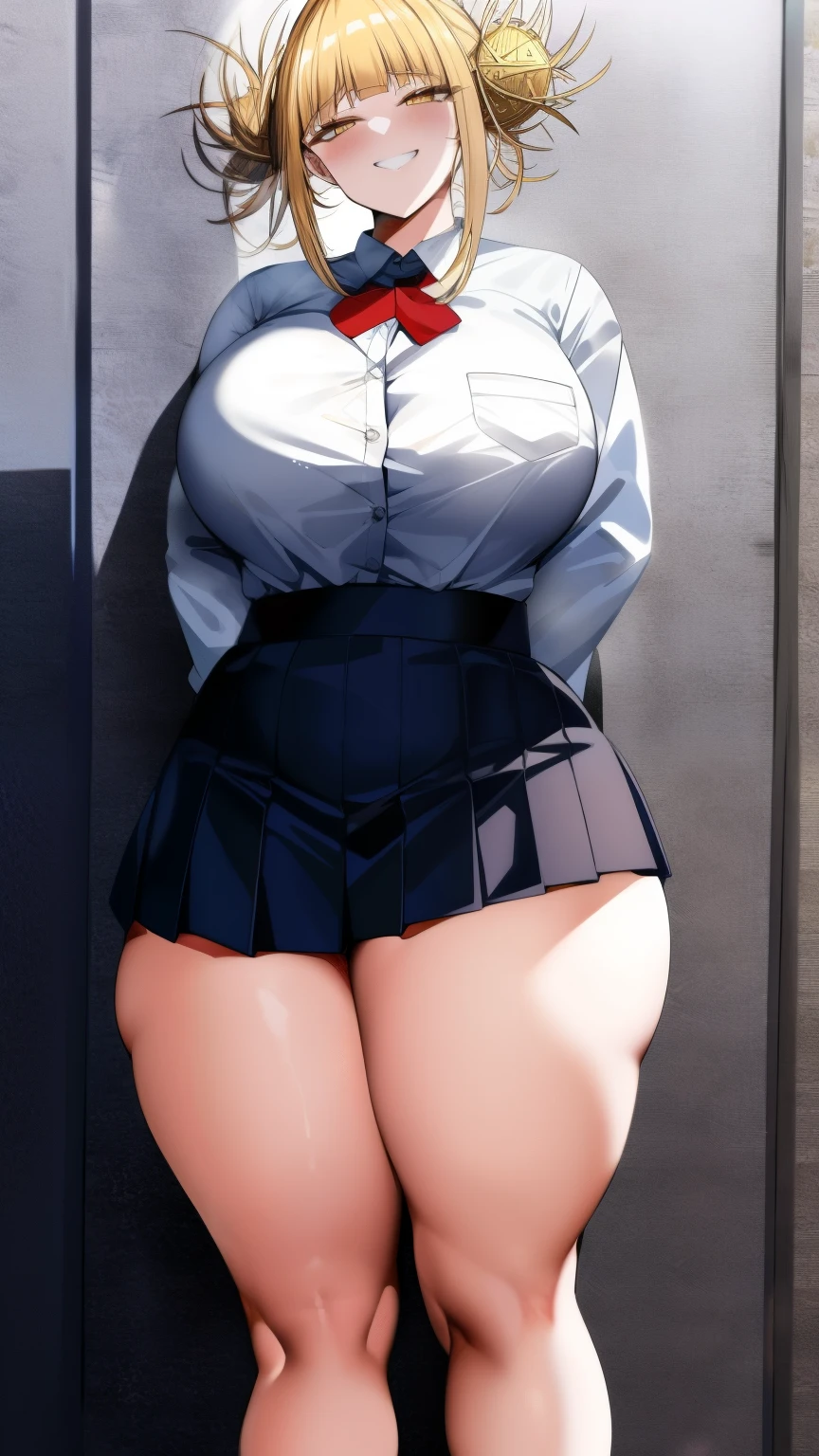 a close up of a woman in a uniform posing on a stair, hyperrealistic schoolgirl, a hyperrealistic schoolgirl, realistic schoolgirl, looking from behind, thighs close up, close-up shot from behind, lit from behind, shot from behind, from behind, beautiful anime girl squatting, bottom body close up, d. va from overwatch