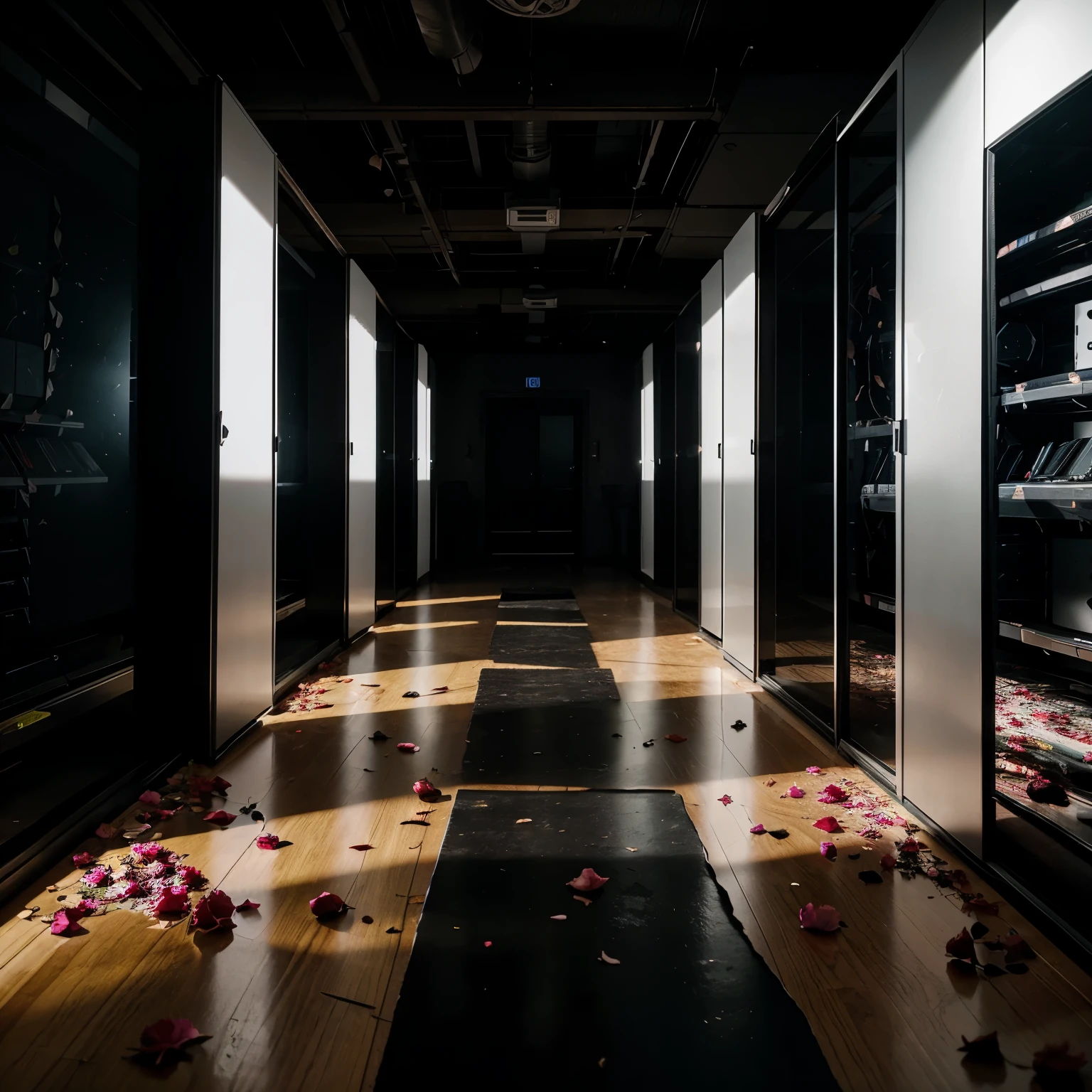 There is a dark room full of supercomputers, and in the middle of it is a fallen rose with it's petals scattered around