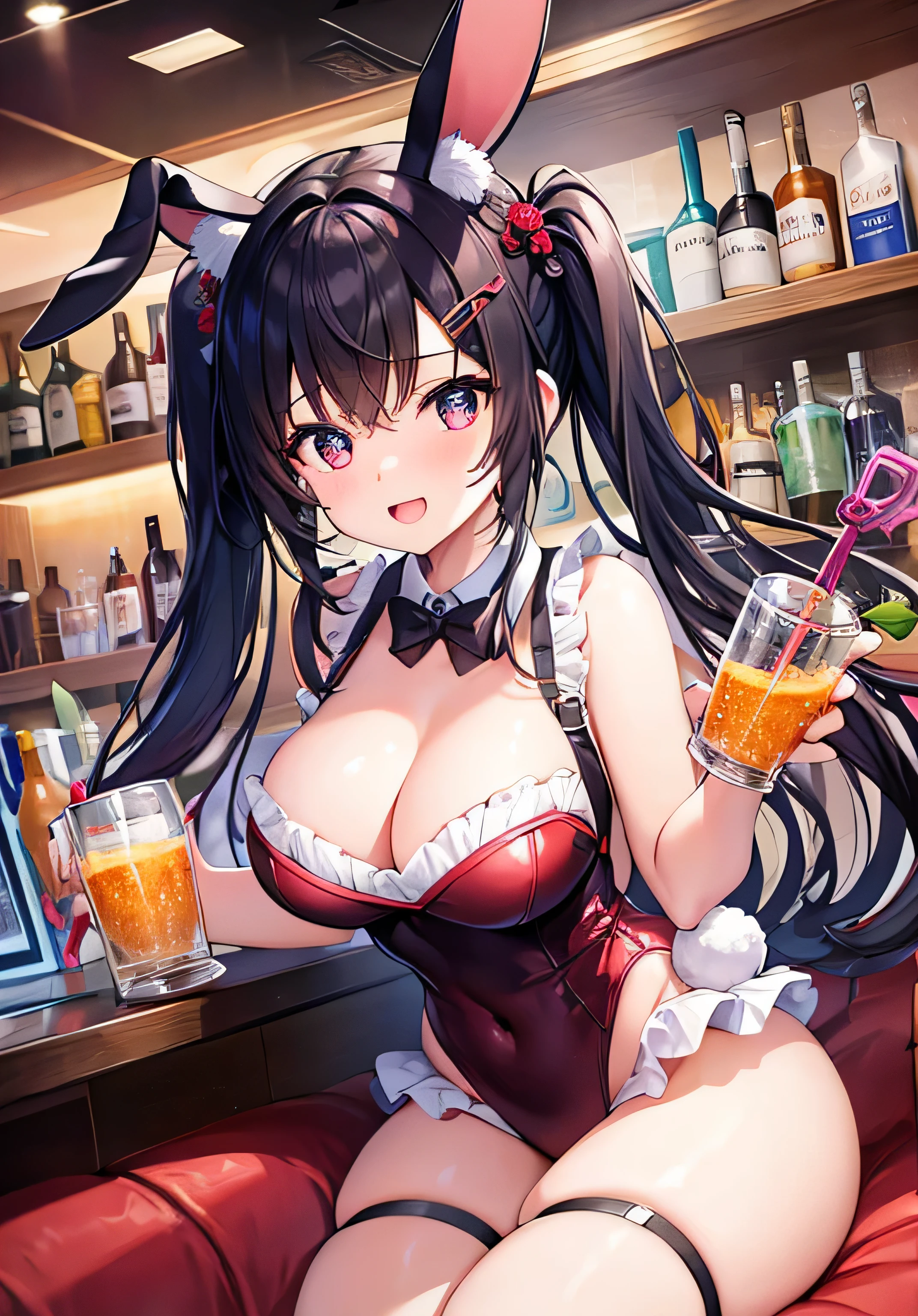 masterpiece、best image quality、ultra high resolution、age girl with big breasts、twin tail hairstyle、black hair、red face、shyly、Open your mouth just a little、Bunny girl costume that shows cleavage、rabbit ears headgear、beautiful feet、Inside the bar with a beautiful night view、at night