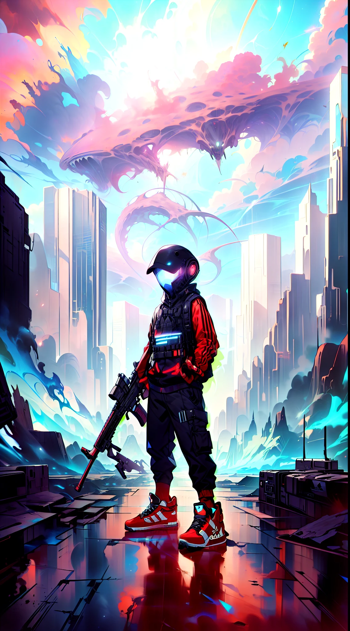 ((Boy wearing red and black adidas techwear outfit)), (black sneakers), ((holding a Rifle)), (Sideways to the camera), (alien valley), (Rectangular mountains), (blue ambience), modern anime style, 4 k manga wallpaper, digital anime illustration, very modern anime style, at pixiv, best anime 4k konachan wallpaper, full body shot