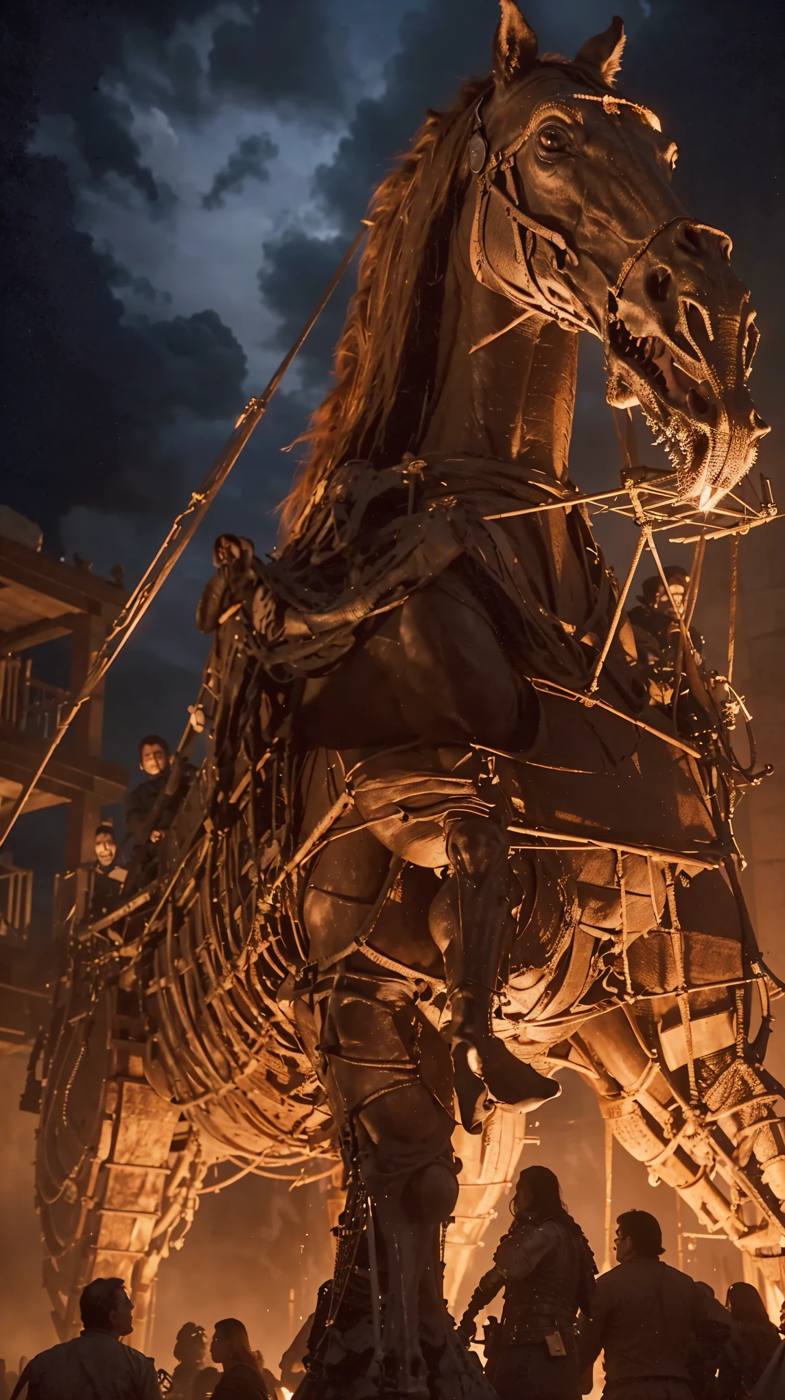 there is a large horse that is being displayed in front of a crowd, skeletons on a pirate ship, in screenshot from the 300 movie, scene from dune 2 0 2 1 movie, stunning vfx, highly detailed vfx, houdini vfx, japanese vfx, wraiths riding in the sky, still from a fantasy movie, on an epic intricate oroboros
