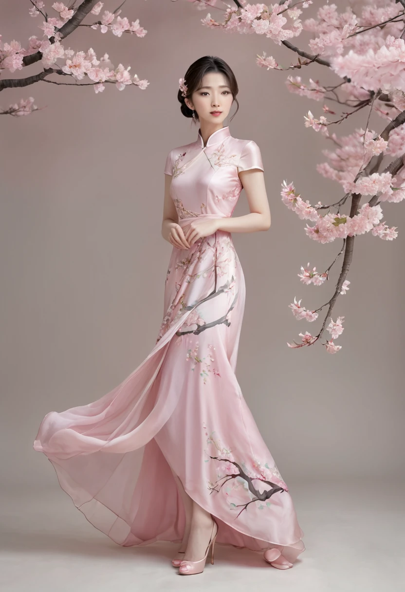 a woman in a pink dress standing under a tree with pink sakura flowers, a pastel inspired by Dai Xi, tumblr, art nouveau, flowing sakura silk, graceful and elegant, pink dress, beautiful and elegant, elegant dress, h 576, romantic dress, chinese costume, with soft pink colors