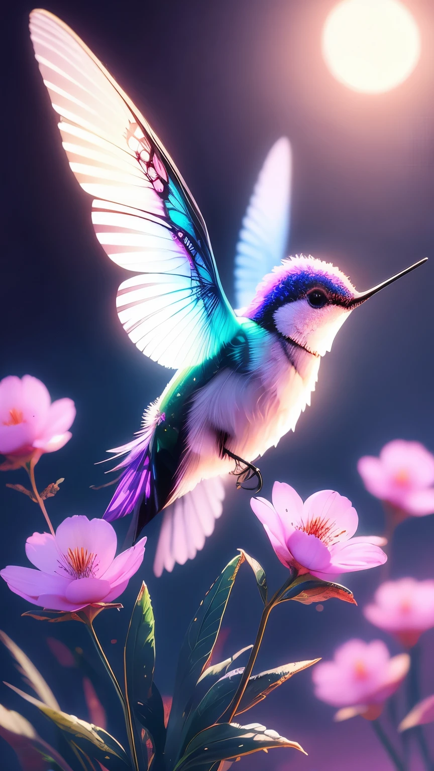 hummingbird,garden,moonlight,shadow,peaceful,serene,Amazing,rich and colorful,blooming flowers,peaceful,luminescent,calm,soft light,delicate wings,Poetic.